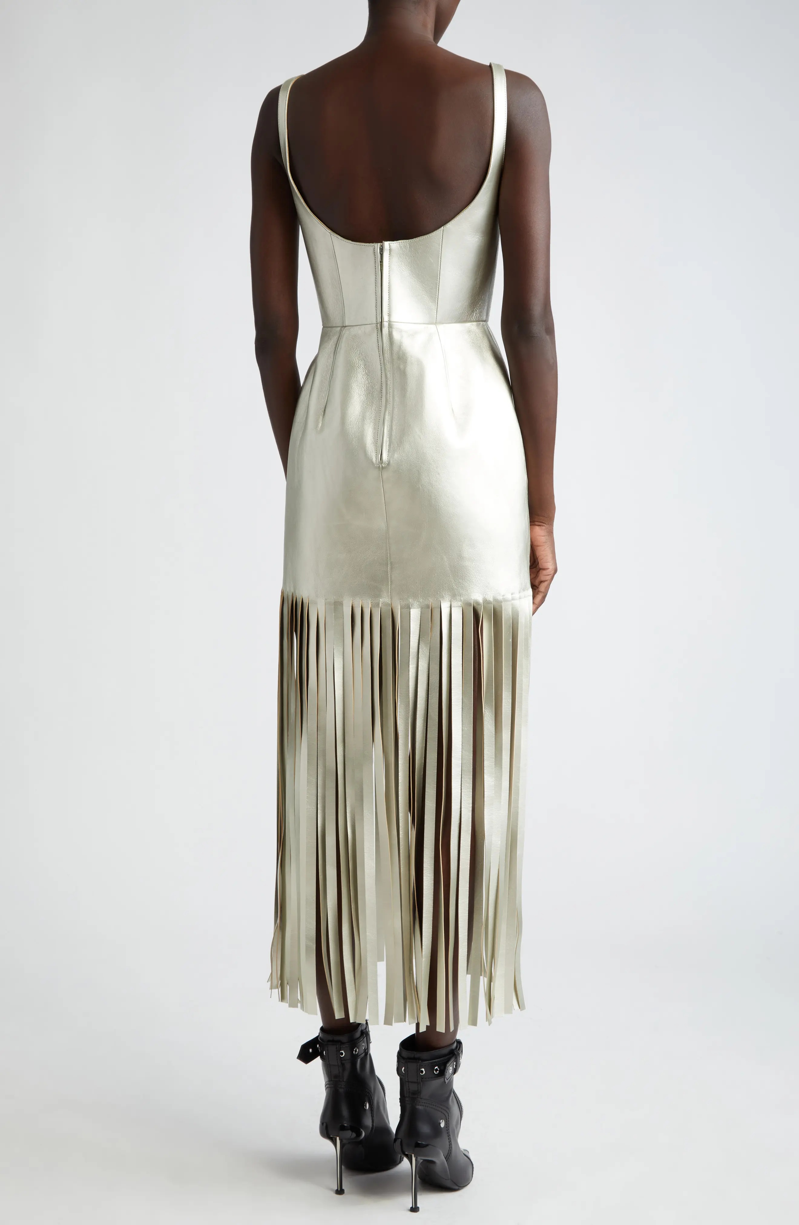 Fringe Metallic Lambskin Leather Dress - 3