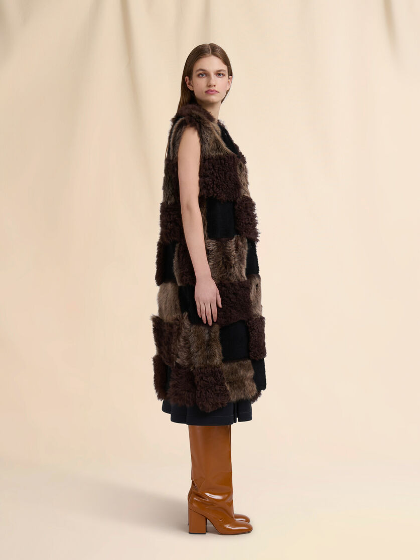 BROWN MIXED SHEARLING LONGLINE VEST - 6