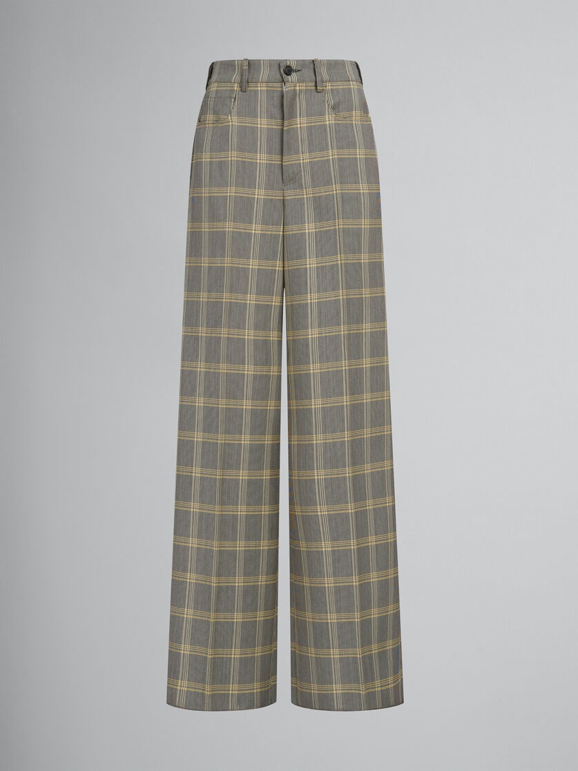 YELLOW CHECKED TECH WOOL PALAZZO TROUSERS - 1