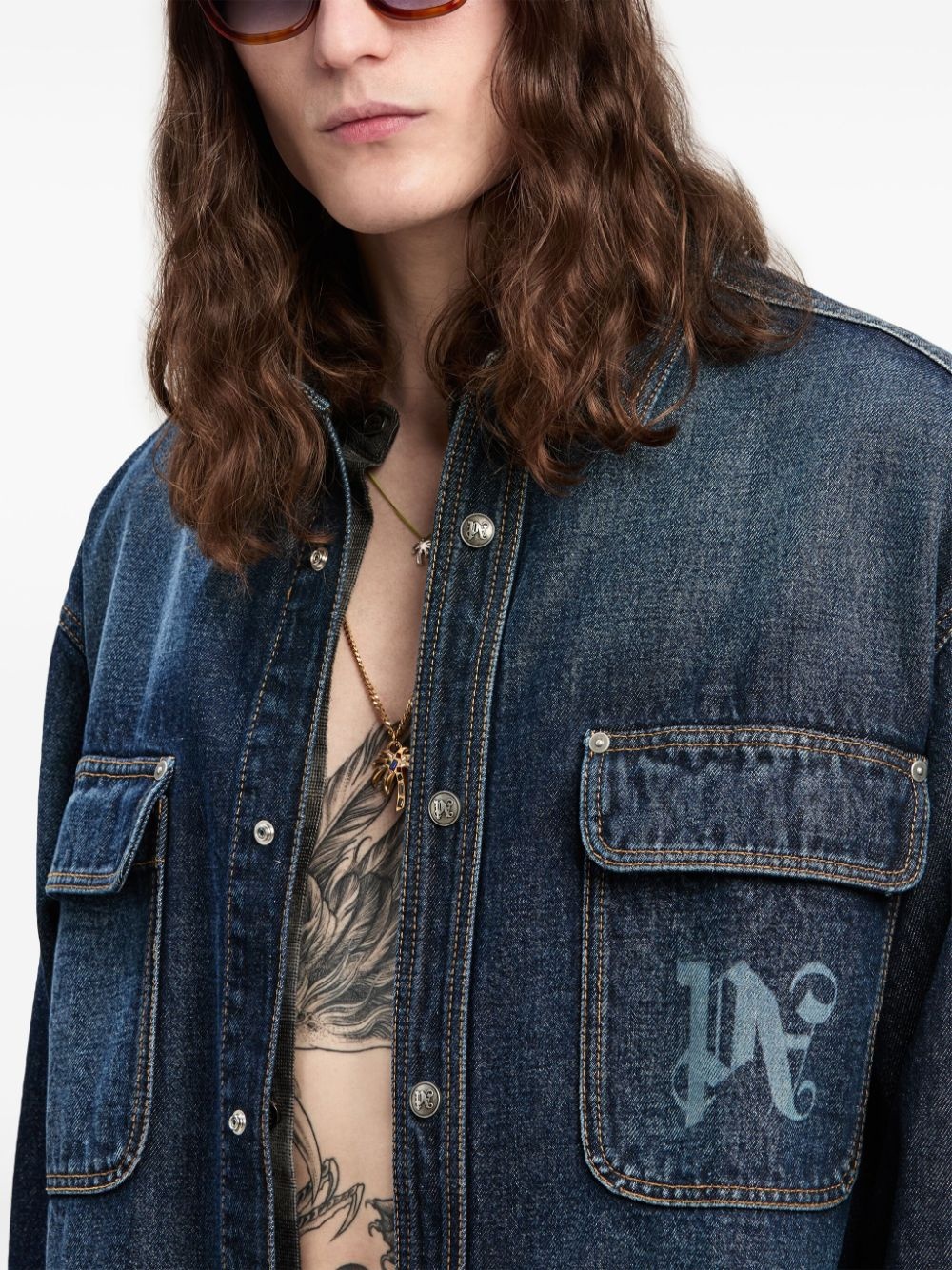 logo-print denim shirt - 6