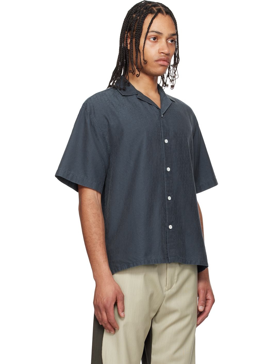 Navy Jacquard Silk Camp Shirt - 2