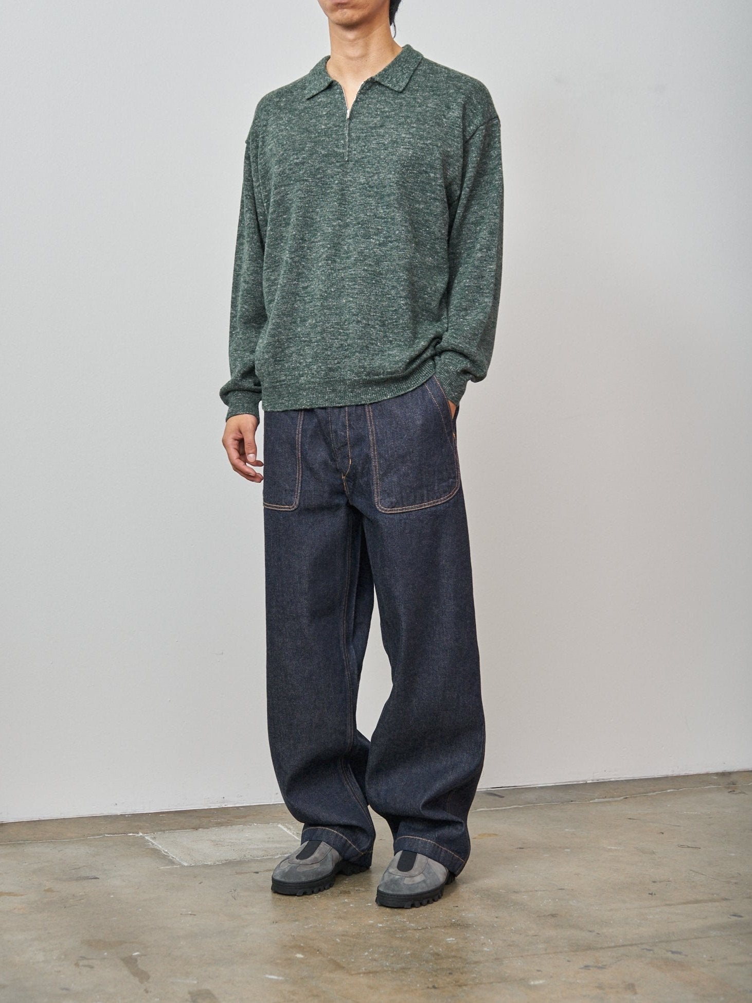 Baby Alpaca Linen Zip Up Polo Sweater - Green - 4