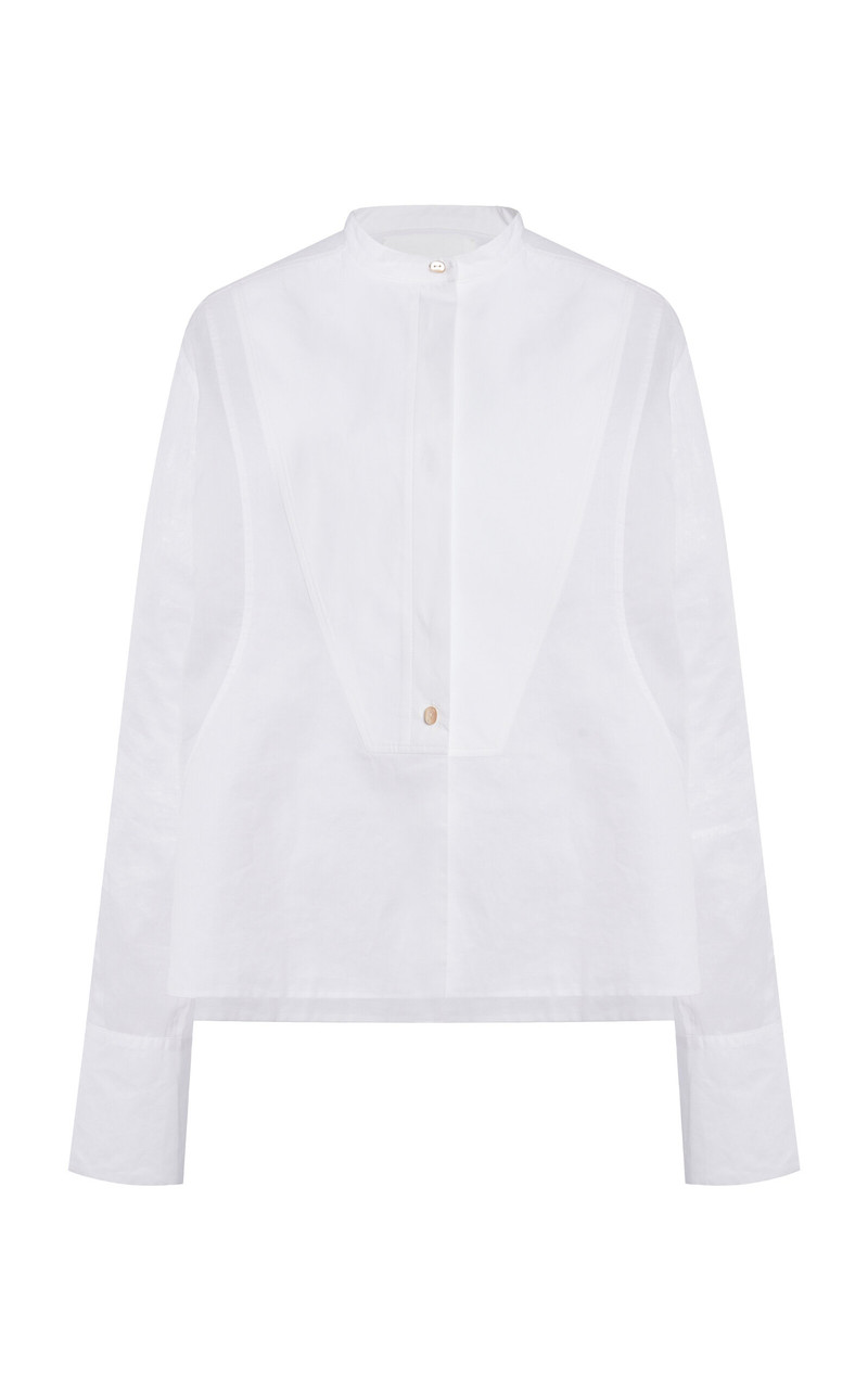 Collarless Cotton Button-Down Shirt white 1