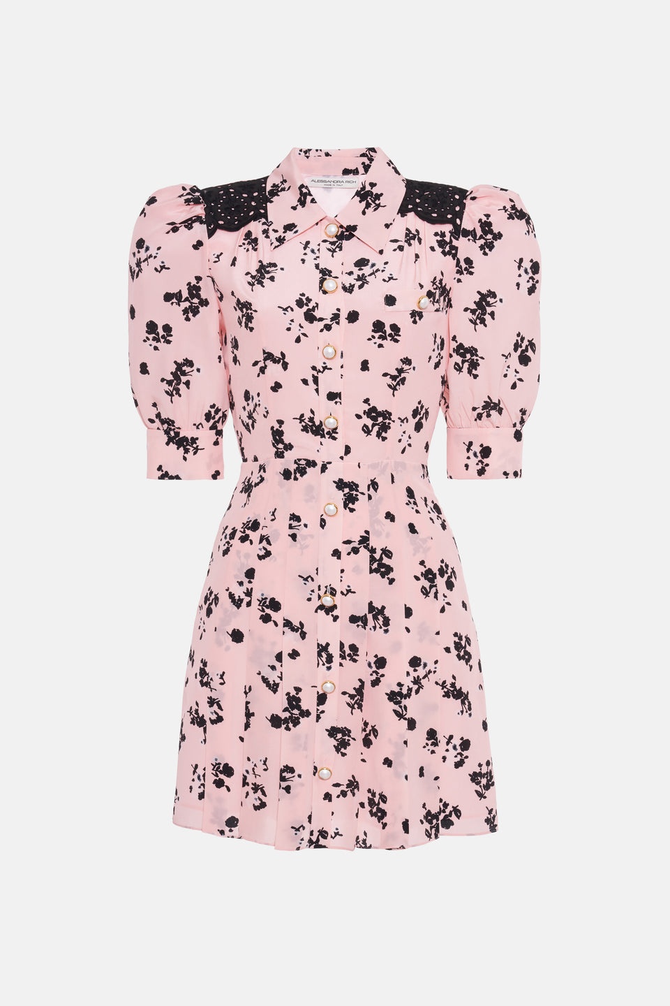 ROSE PRINT SILK PLEATED MINI DRESS WITH BUTTONS - 1