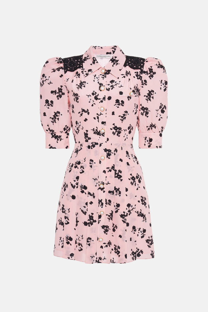 ROSE PRINT SILK PLEATED MINI DRESS WITH BUTTONS 1