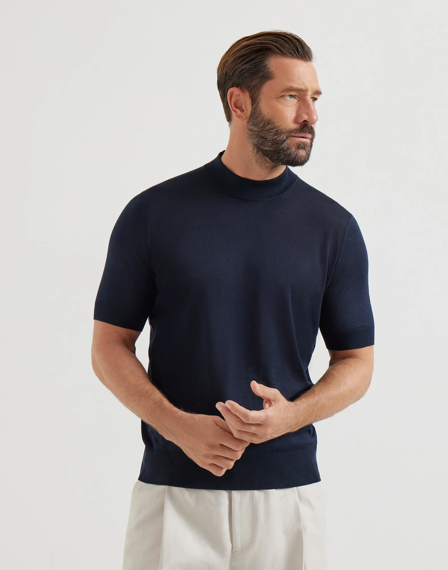 Lightweight silk and cotton knit T-shirt with mock neck - 1