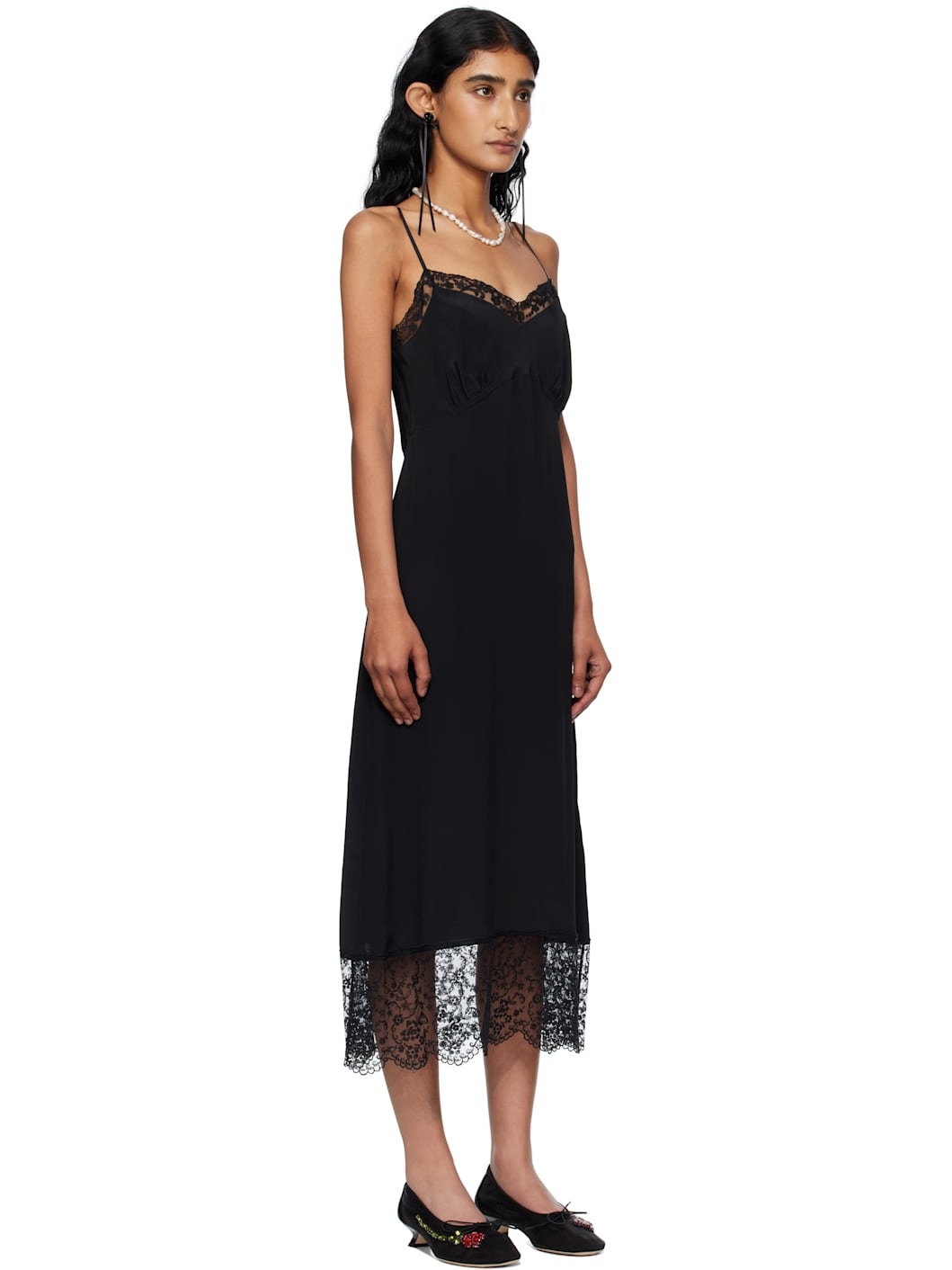 Black Deep Lace Trim Slip Midi Dress - 2