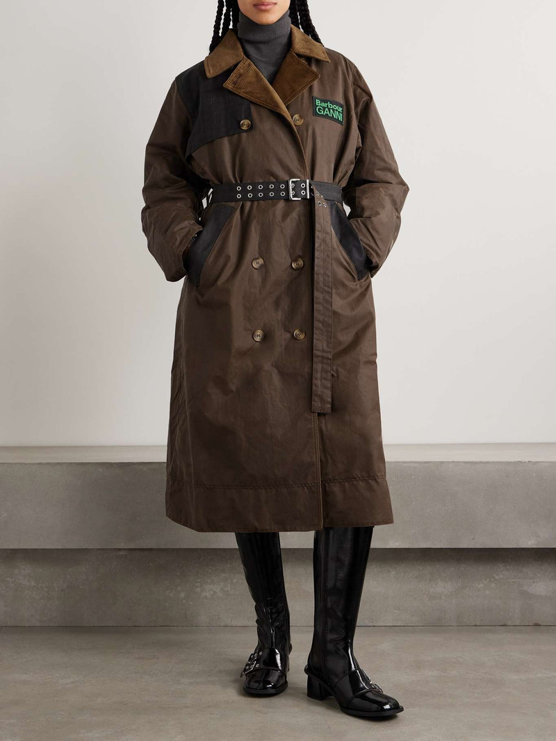 + GANNI belted corduroy-trimmed paneled checked waxed-organic cotton trench coat 3