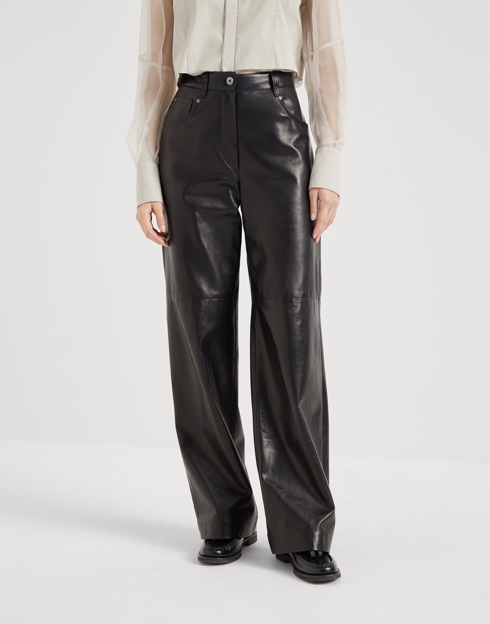 Smooth nappa leather wide five-pocket trousers with shiny tab - 1