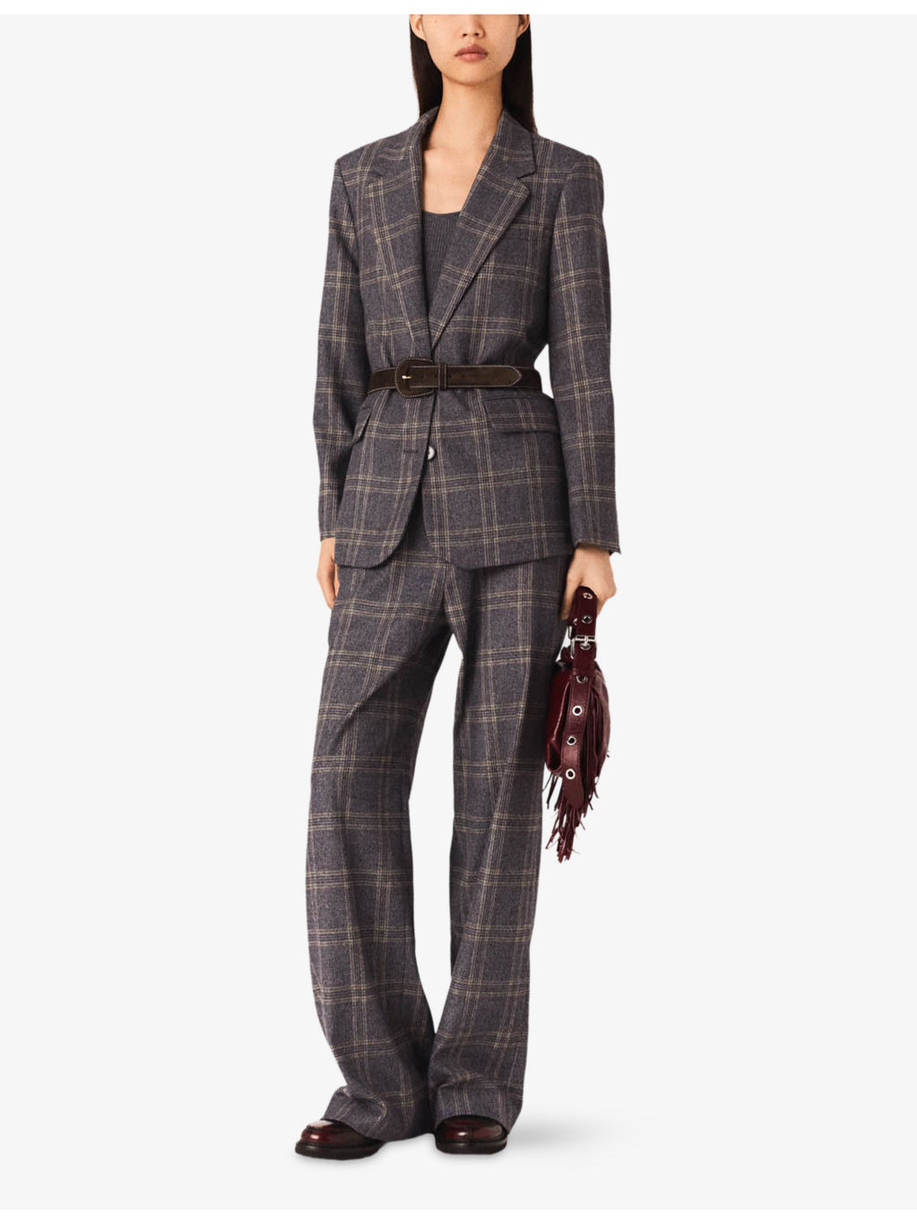 Checked Belted-Waist Stretch-Woven Blazer - 2