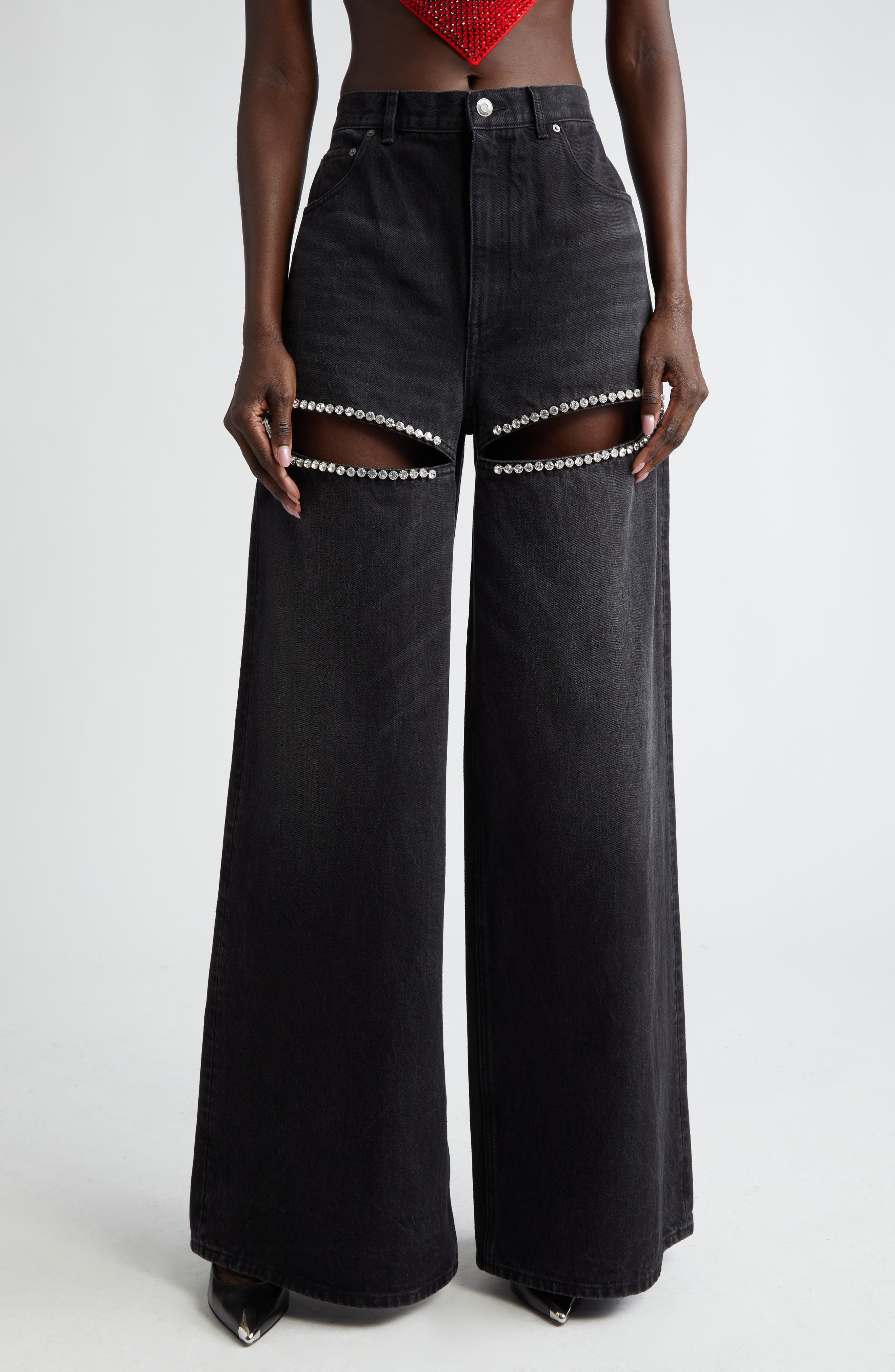 Crystal Embellished Cutout Wide Leg Jeans - 1