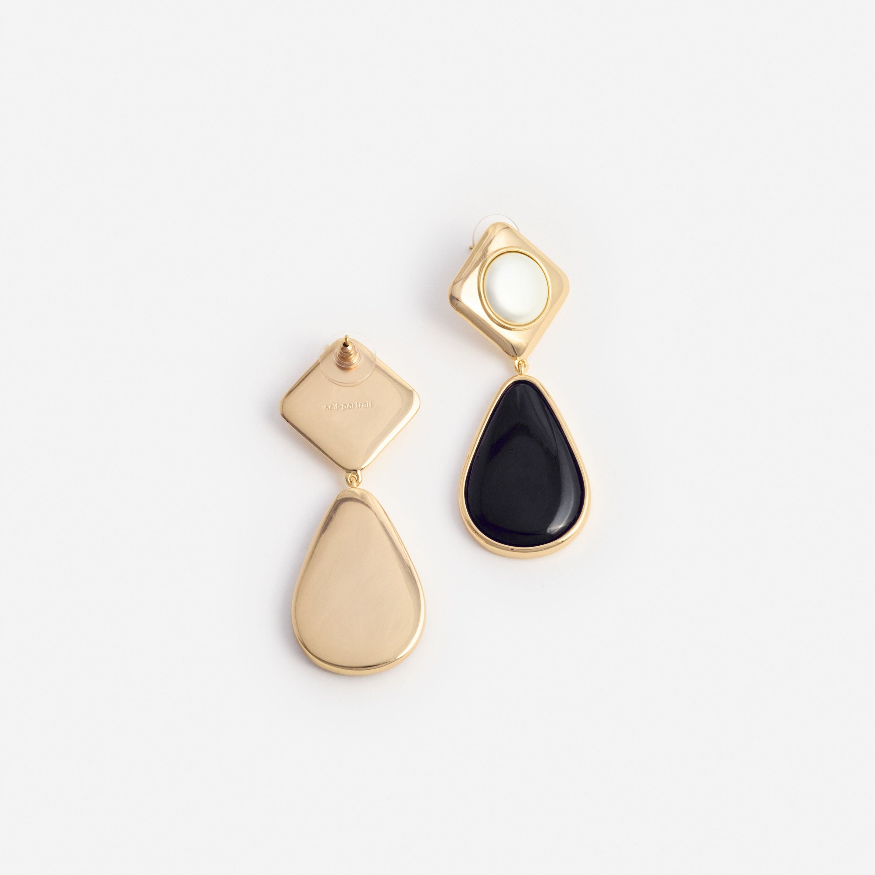 Black Enamel Gold Two Tiered Earrings - 2