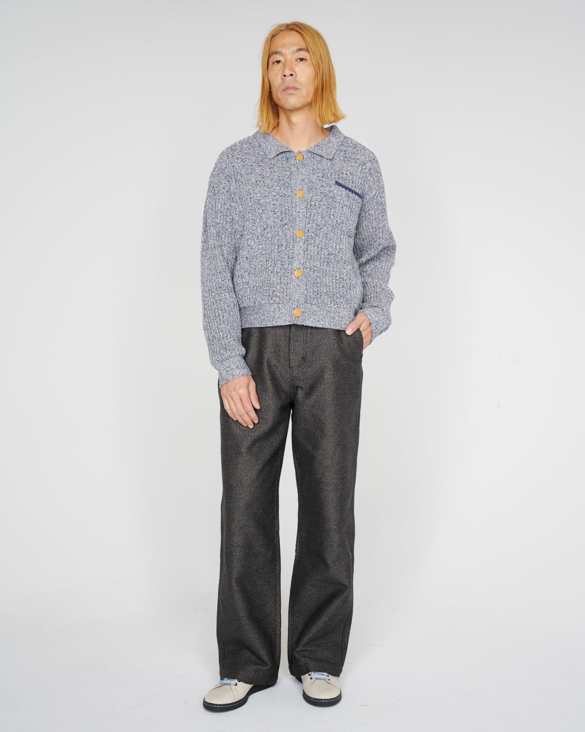 Rib Knit Button Up Sweater - Blue - 7