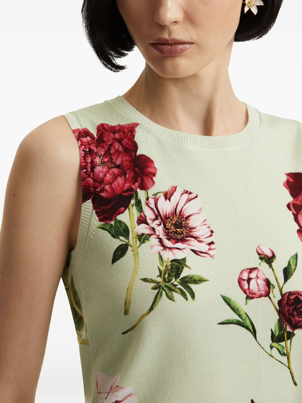 peony-print sleeveless knitted top - 5