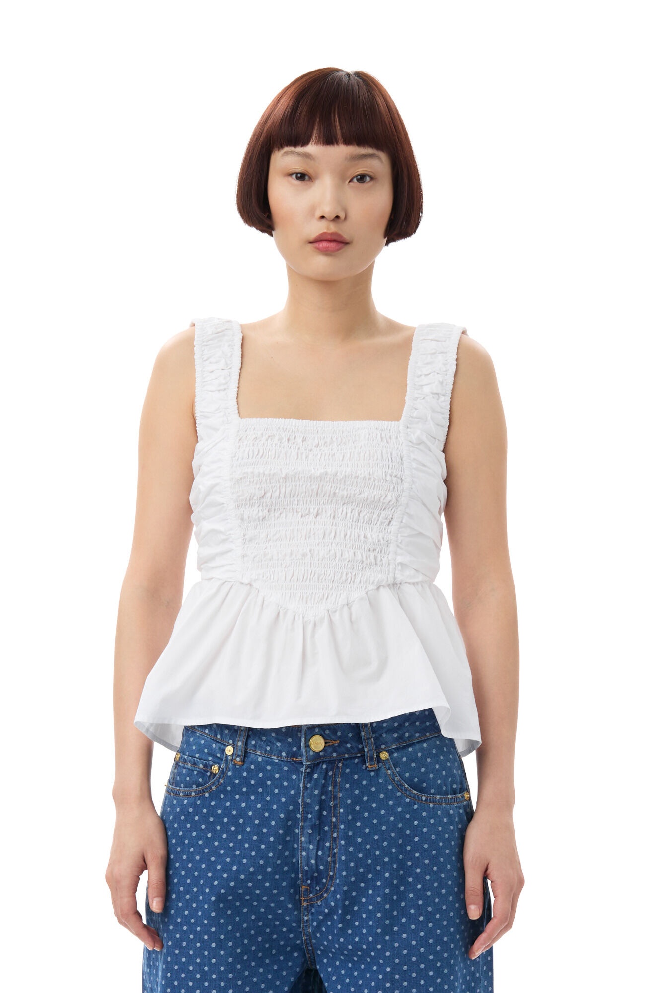 WHITE COTTON POPLIN SMOCK STRAP TOP - 4