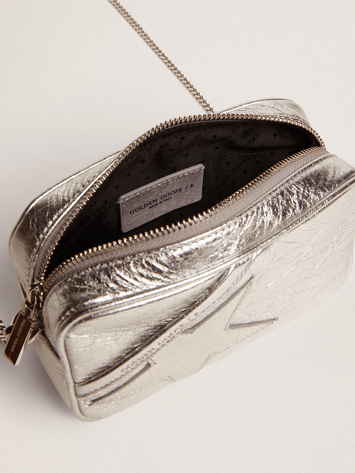 Women's Mini Star Bag in silver laminated leather with tone-on-tone star - 4