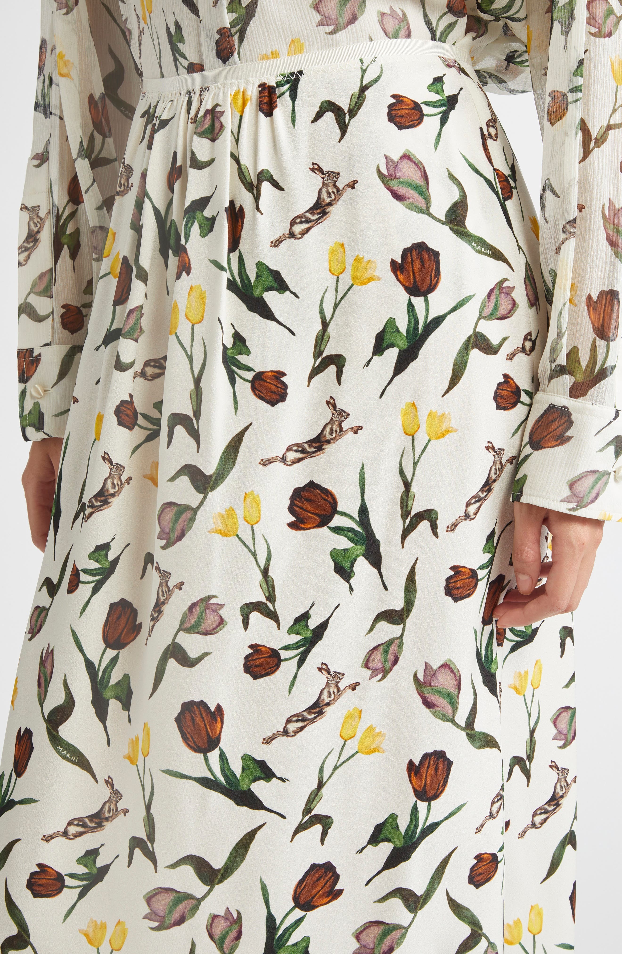 Marni Tulips & Hares Ruffle Hem Crepe Back Satin Midi Skirt in Limestone at Nordstrom - 5
