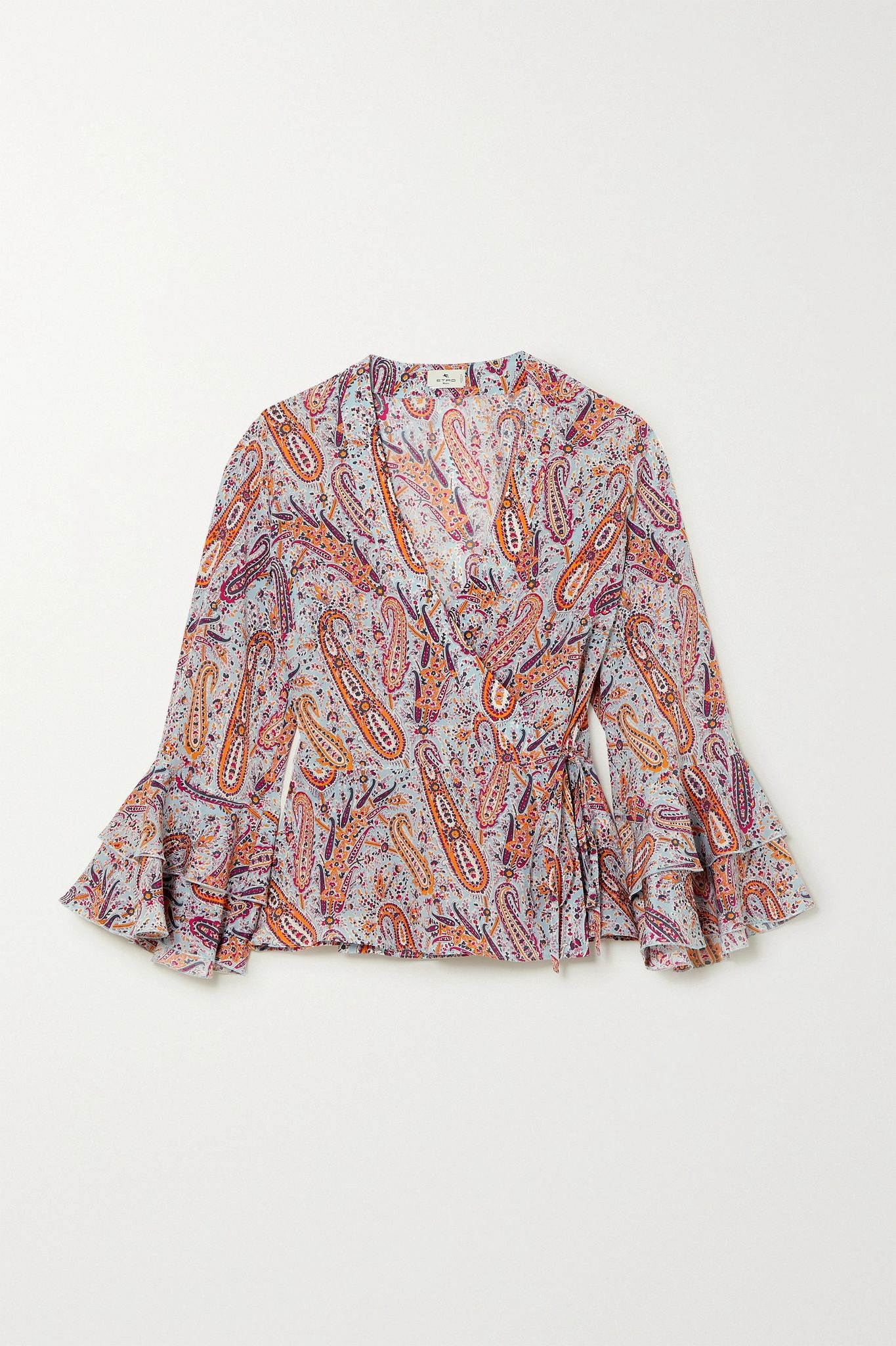 Ruffled paisley-print silk crepe de chine wrap top - 1