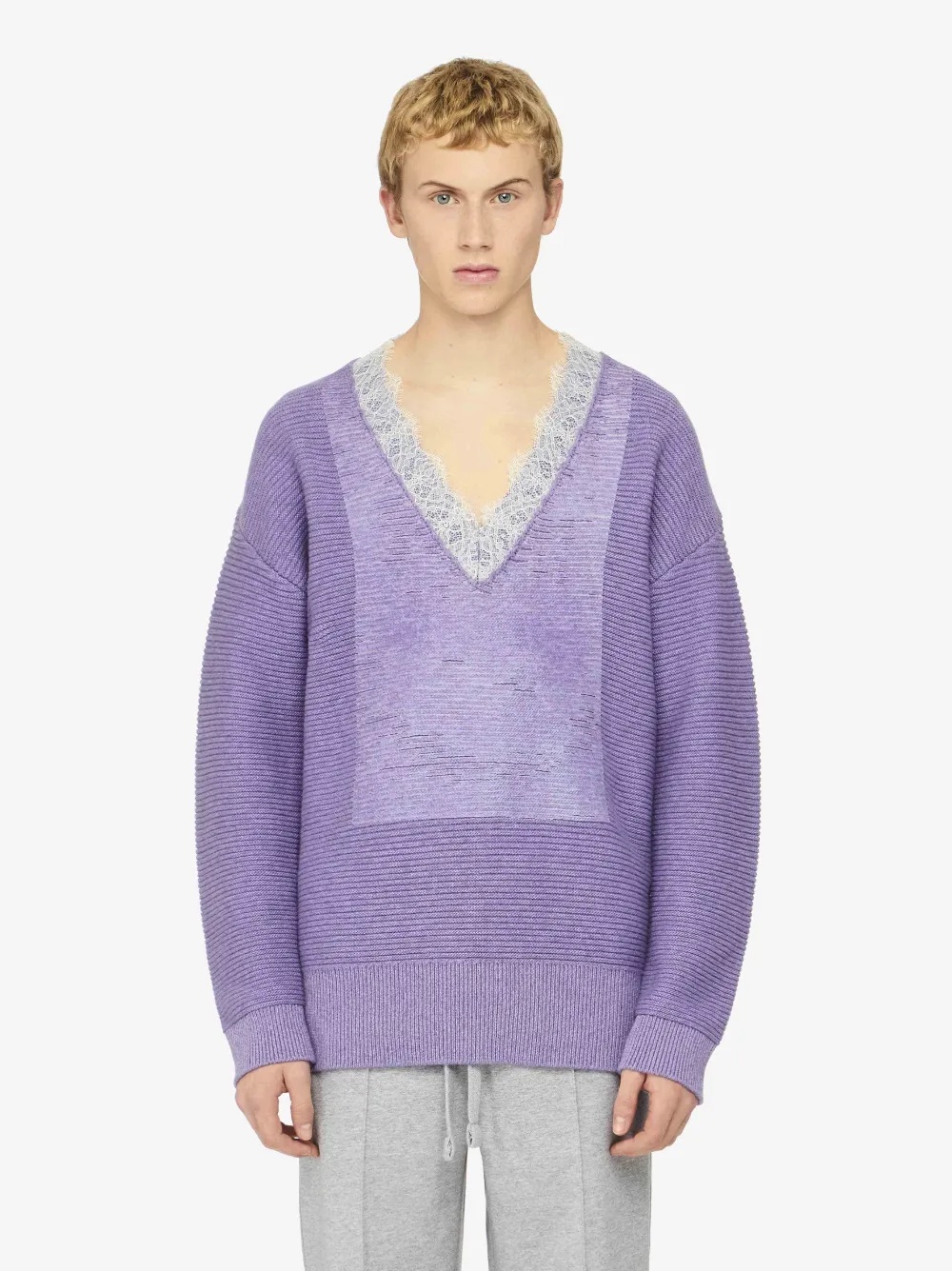 V-NECK LACE TRIM SWEATER - 2