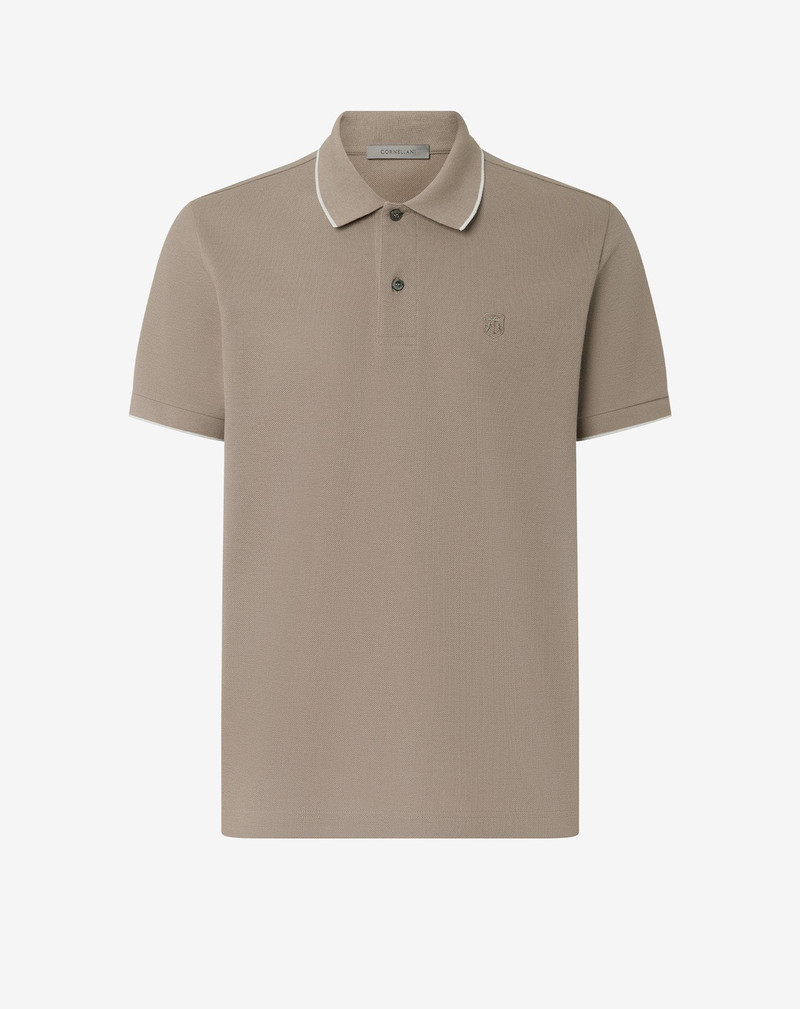 Taupe button-up compact cotton pique polo shirt 1