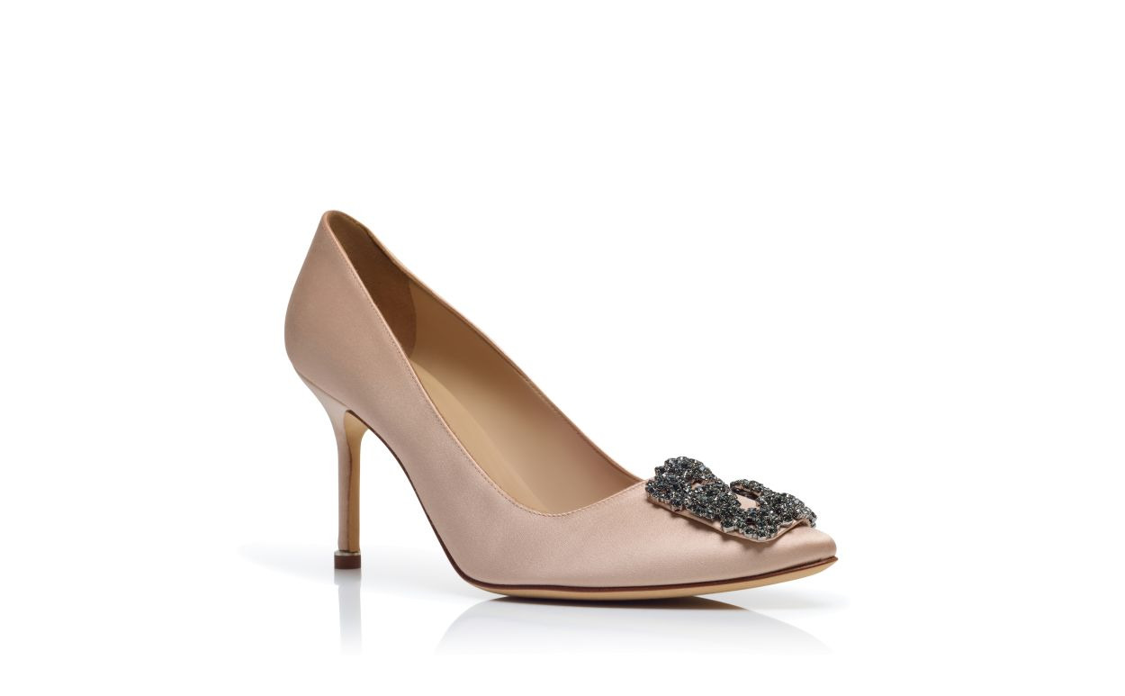 Beige Satin Jewel Buckle Pumps - 3