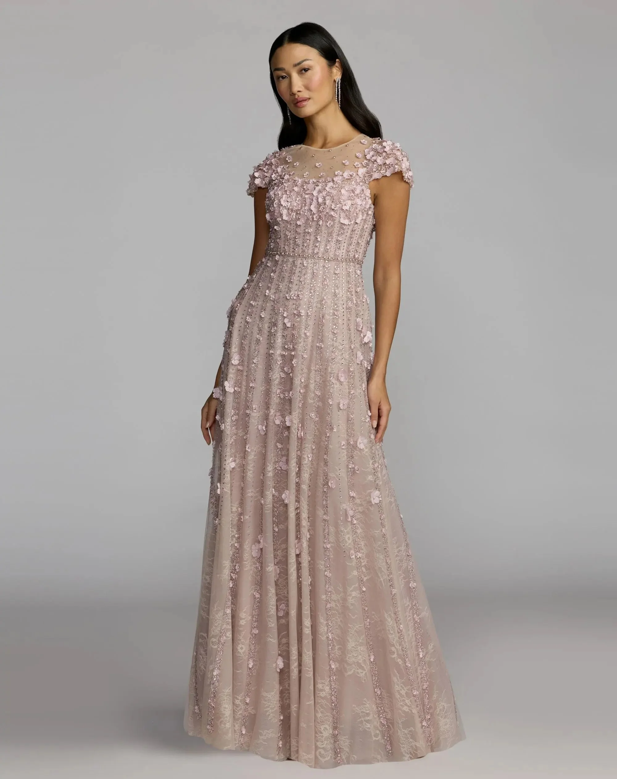 Vintage Lilac Embellished Lace Illusion Neck A-Line Gown - 1