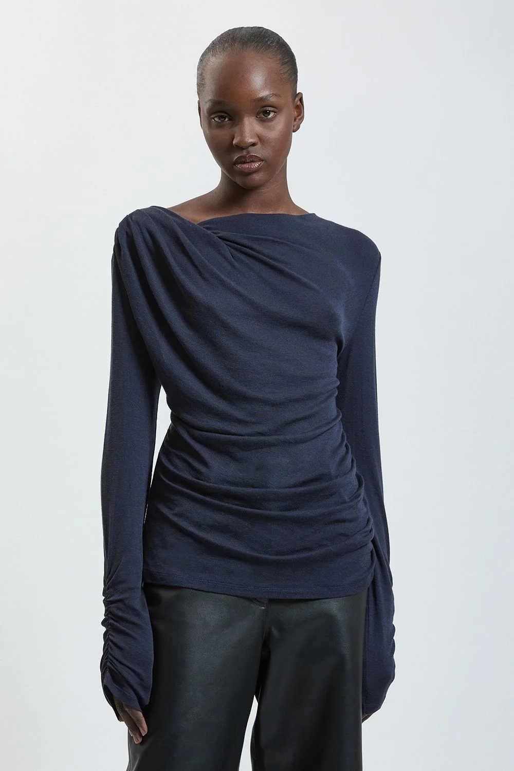 Petite Wool Blend Funnel Neck Ruche Jersey Top - 1