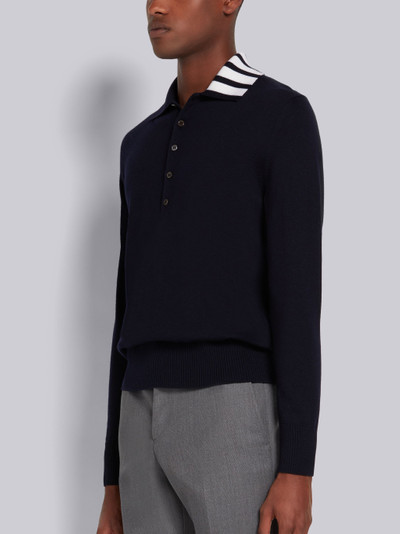 Thom Browne Navy Jersey Stitch Superfine Merino Wool Intarsia 4-Bar Stripe Relaxed Fit Long Sleeve Polo outlook