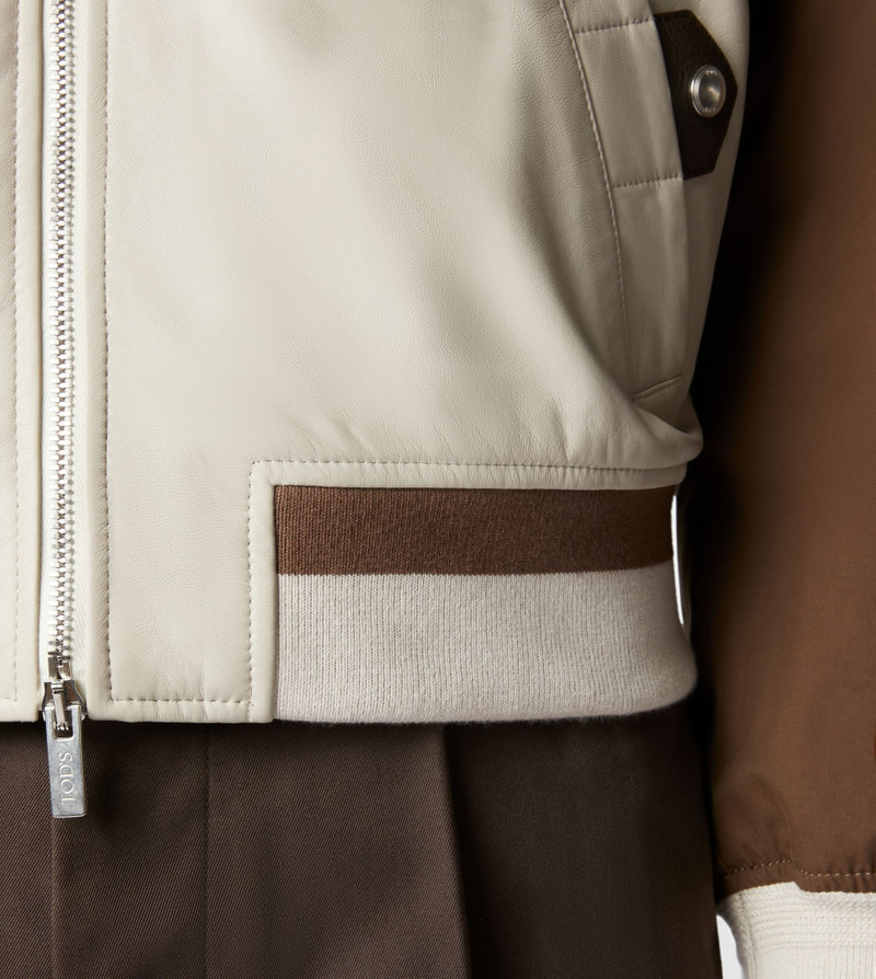 BOMBER JACKET IN LEATHER - BROWN, OFF WHITE 5