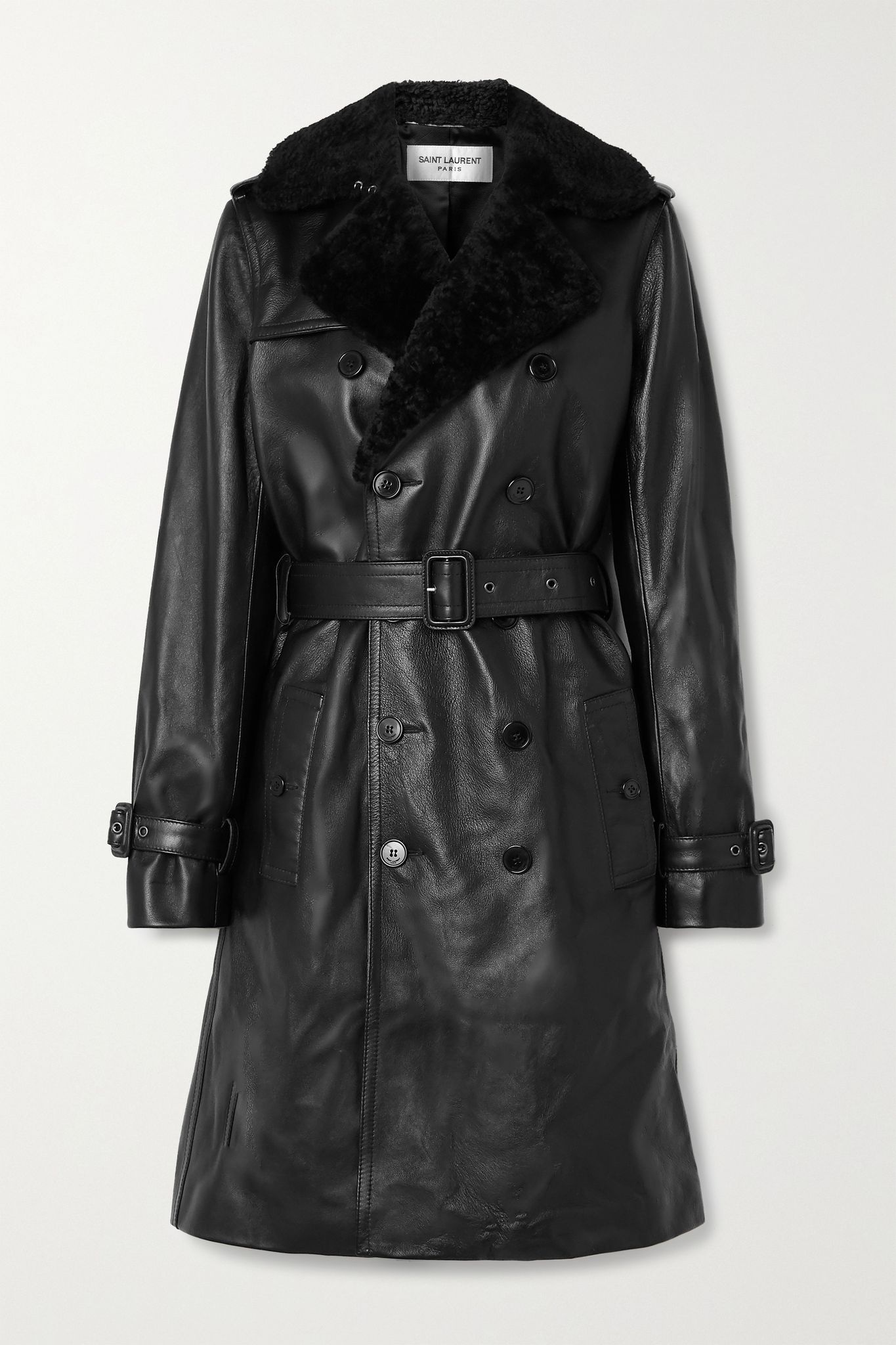 Shearling-trimmed leather trench coat - 1