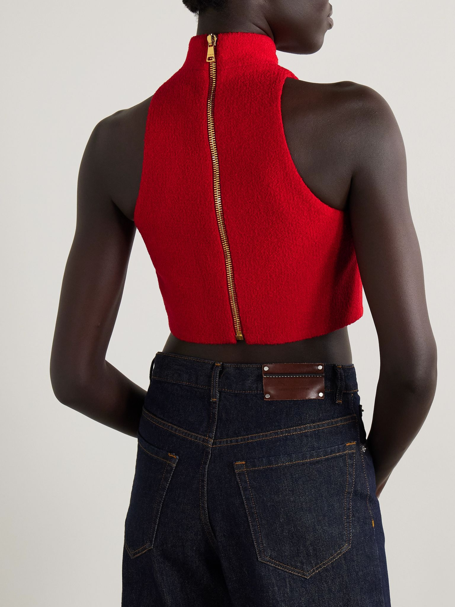 Cropped button-embellished wool-blend bouclé top Red - 3