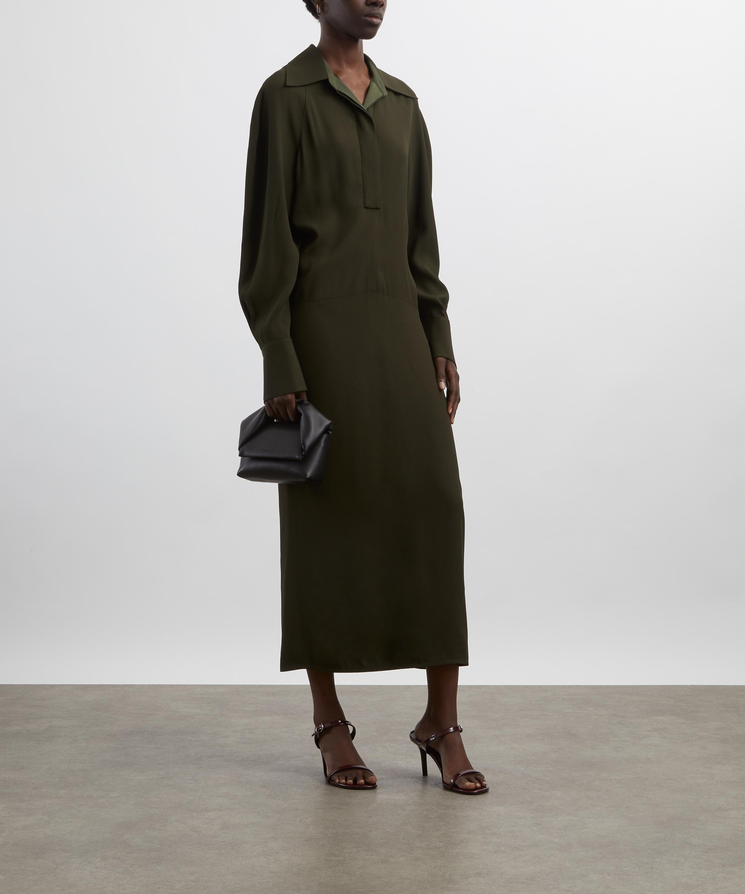 Dark Olive Long Sleeve Polo Collar Midi Dress - 2