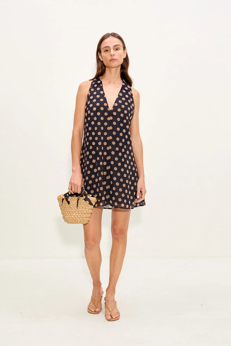 Gia Chiffon Mini Dress In Black/Tan Polka Dot - 1