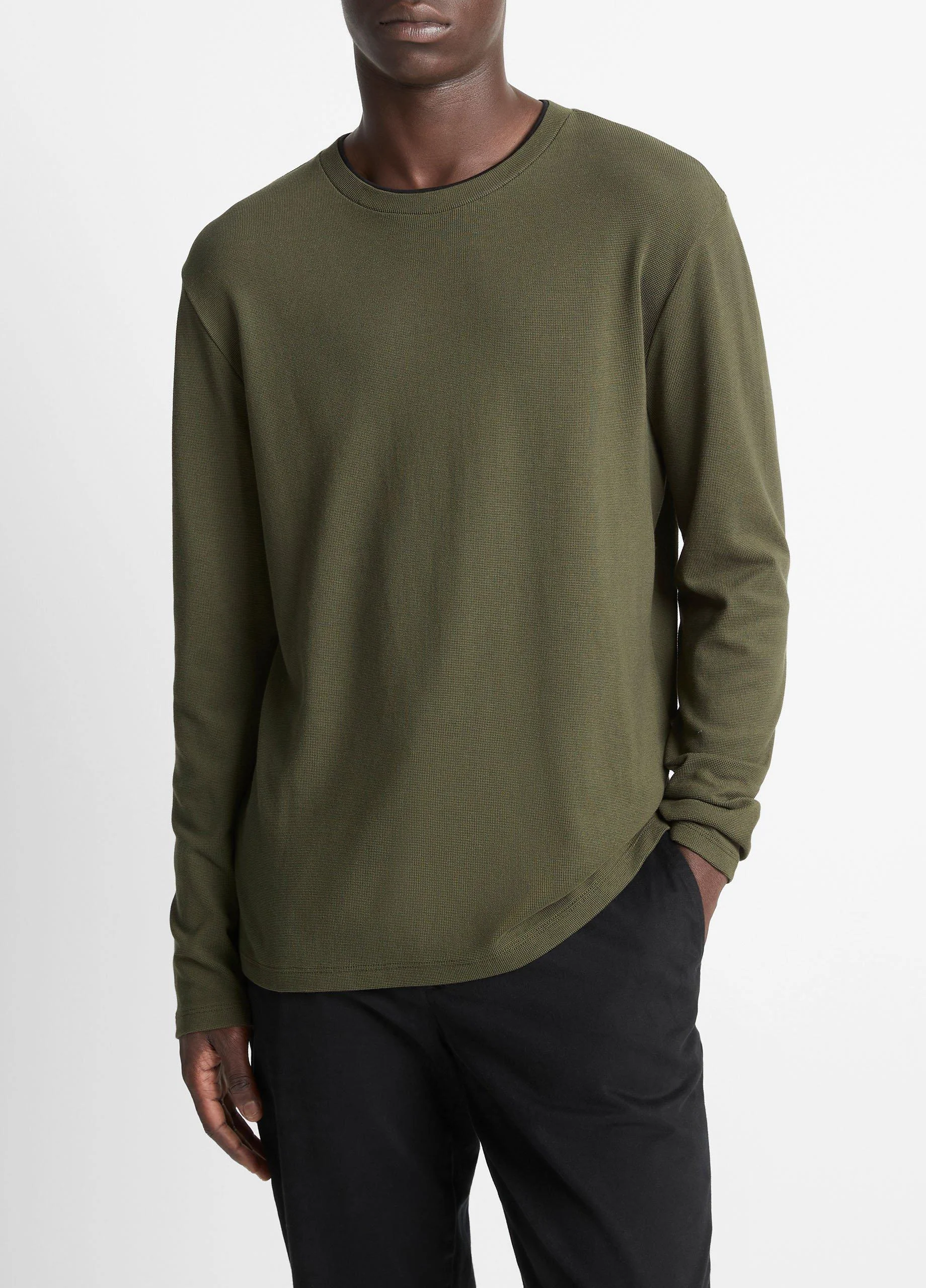 Micro-Waffle Pima Cotton Double-Collar Long-Sleeve T-Shirt - 1