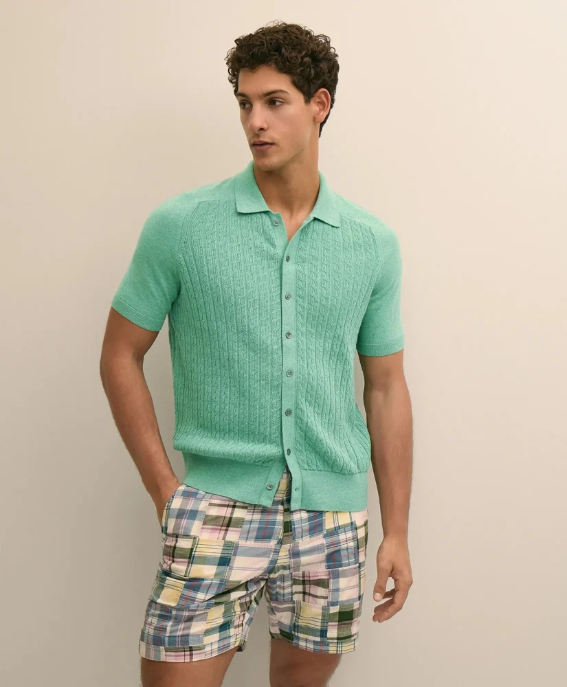 Cotton Cable-Knit Short-Sleeve Polo Sweater - 1
