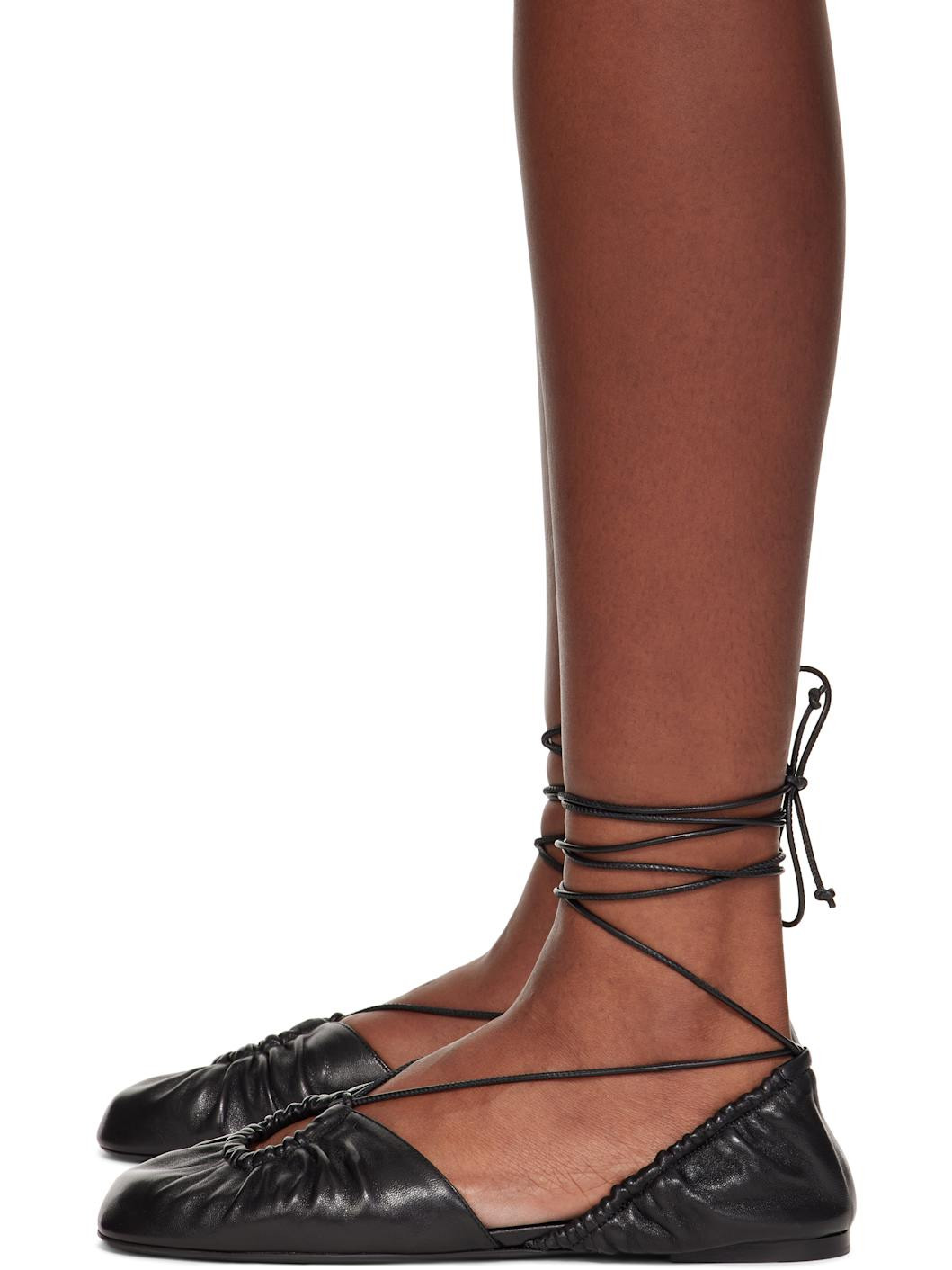 Black Mesure Lace-Up Leather Ballerina Flats - 3