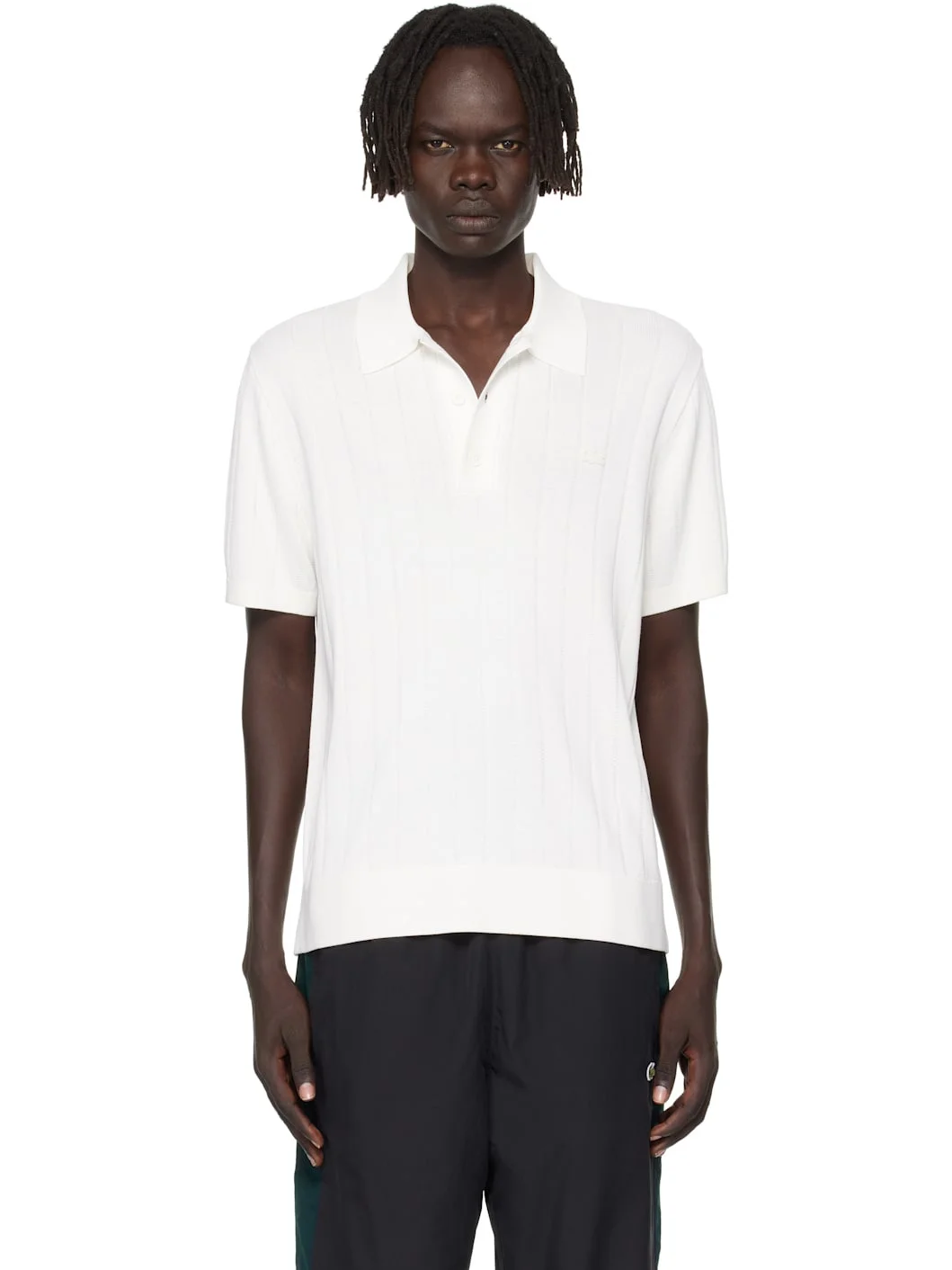 White Fluid Ribbed Knit Polo - 1