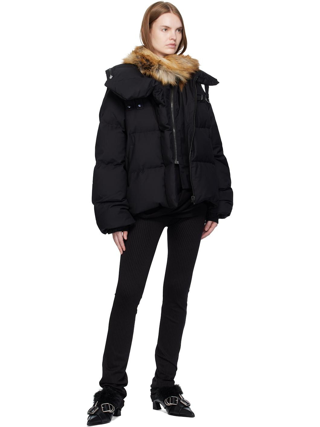 Black Deconstructed Double Zip Down Jacket - 4