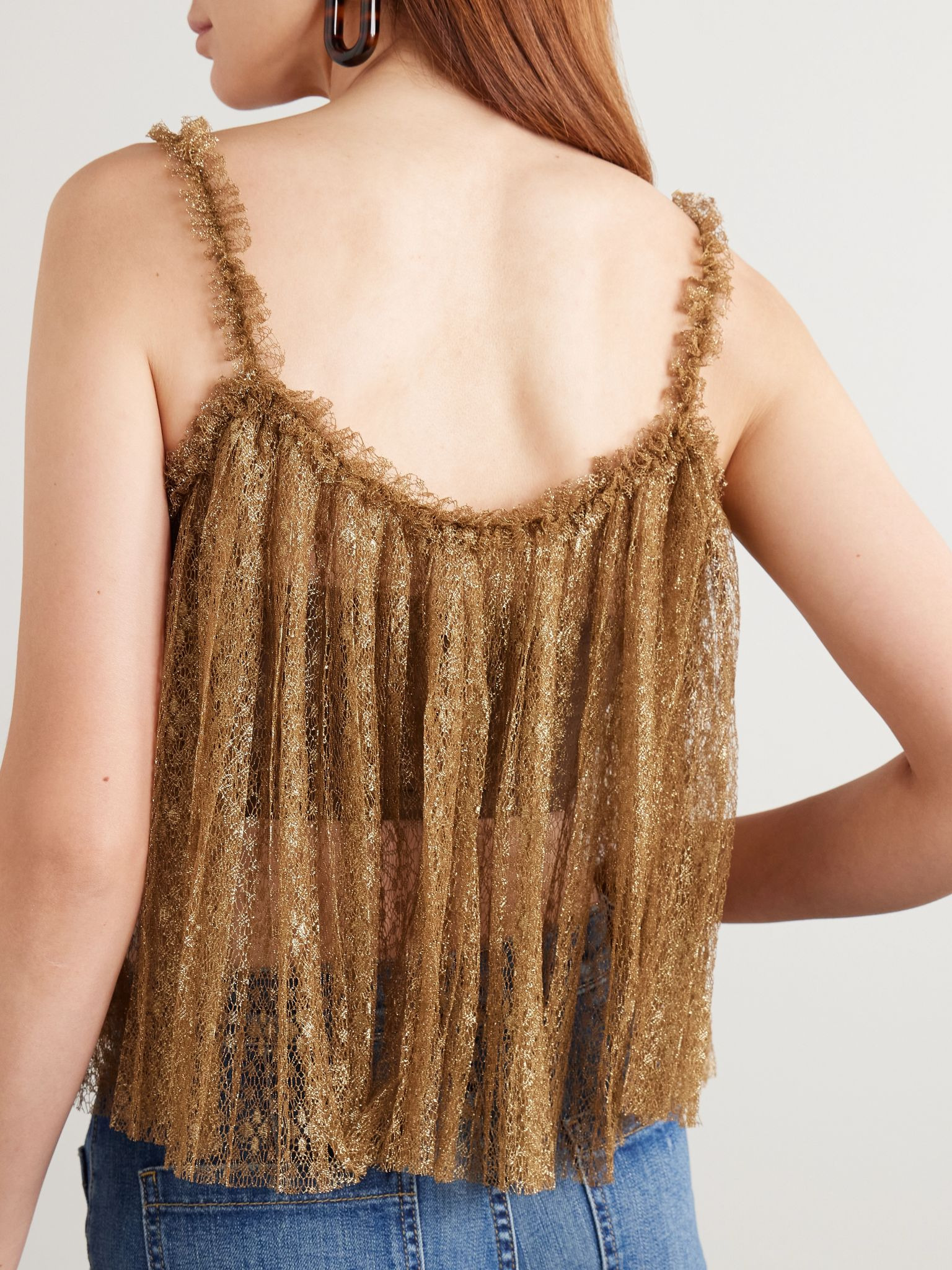 Romy pleated gathered metallic lace camisole Gold - 3