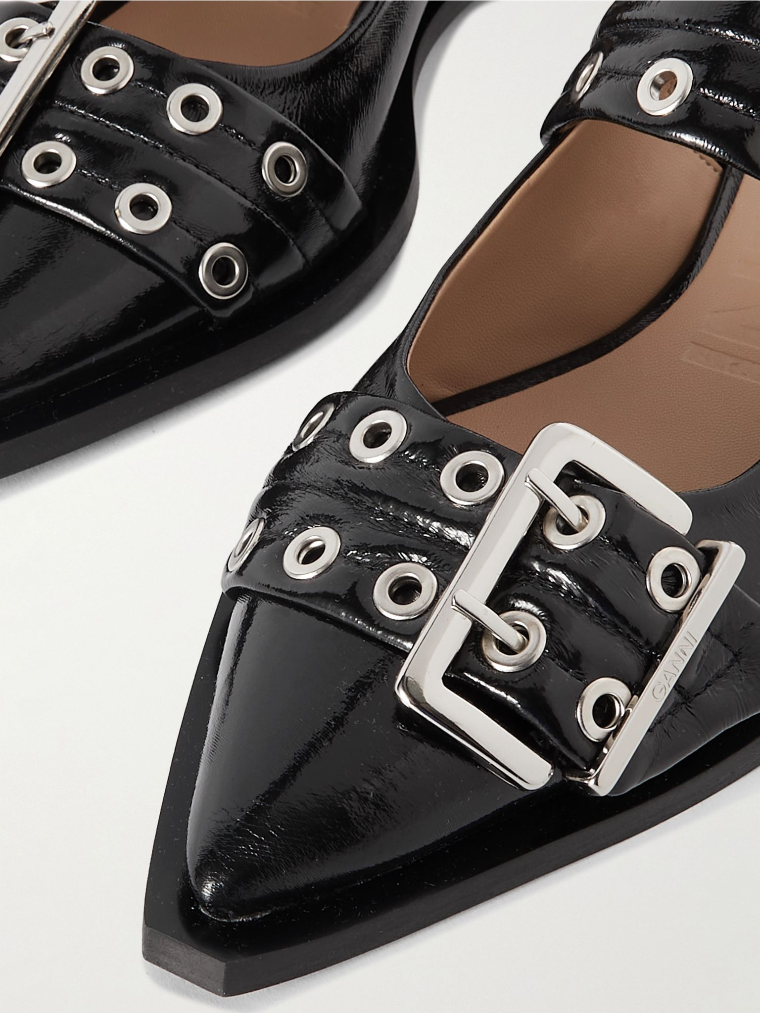 + NET SUSTAIN buckled eyelet-embellished recycled faux patent-leather ballet flats Black - 4