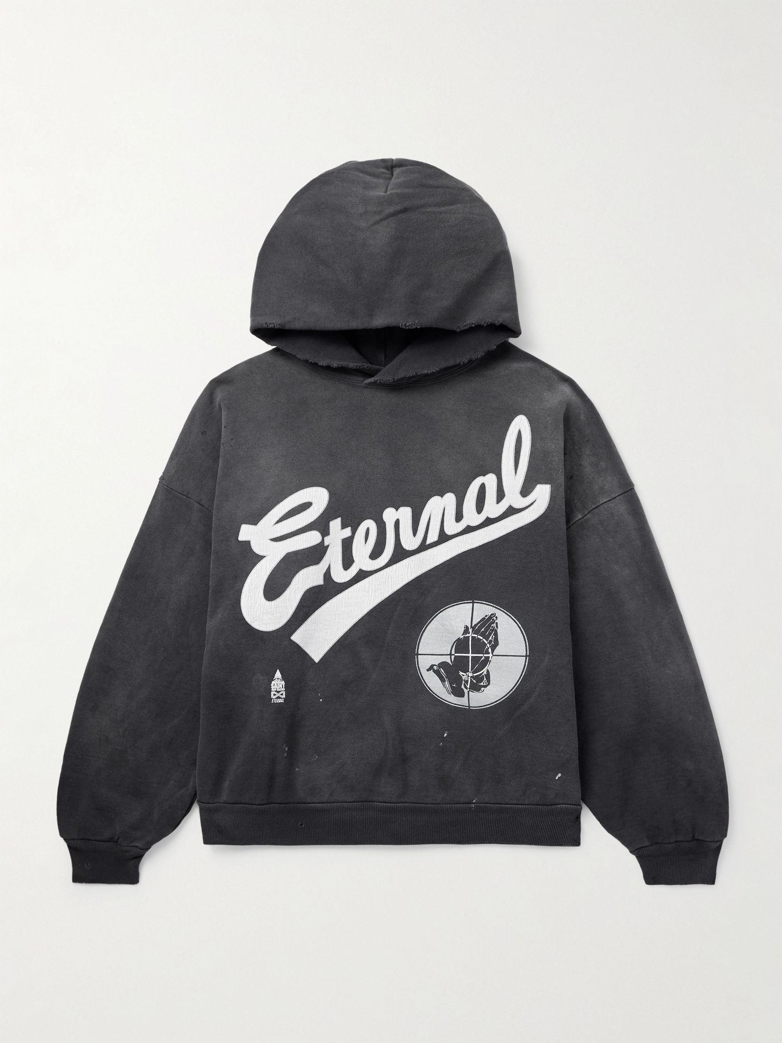 + Fear of God Distressed Logo-Print Cotton-Jersey Hoodie Black - 1