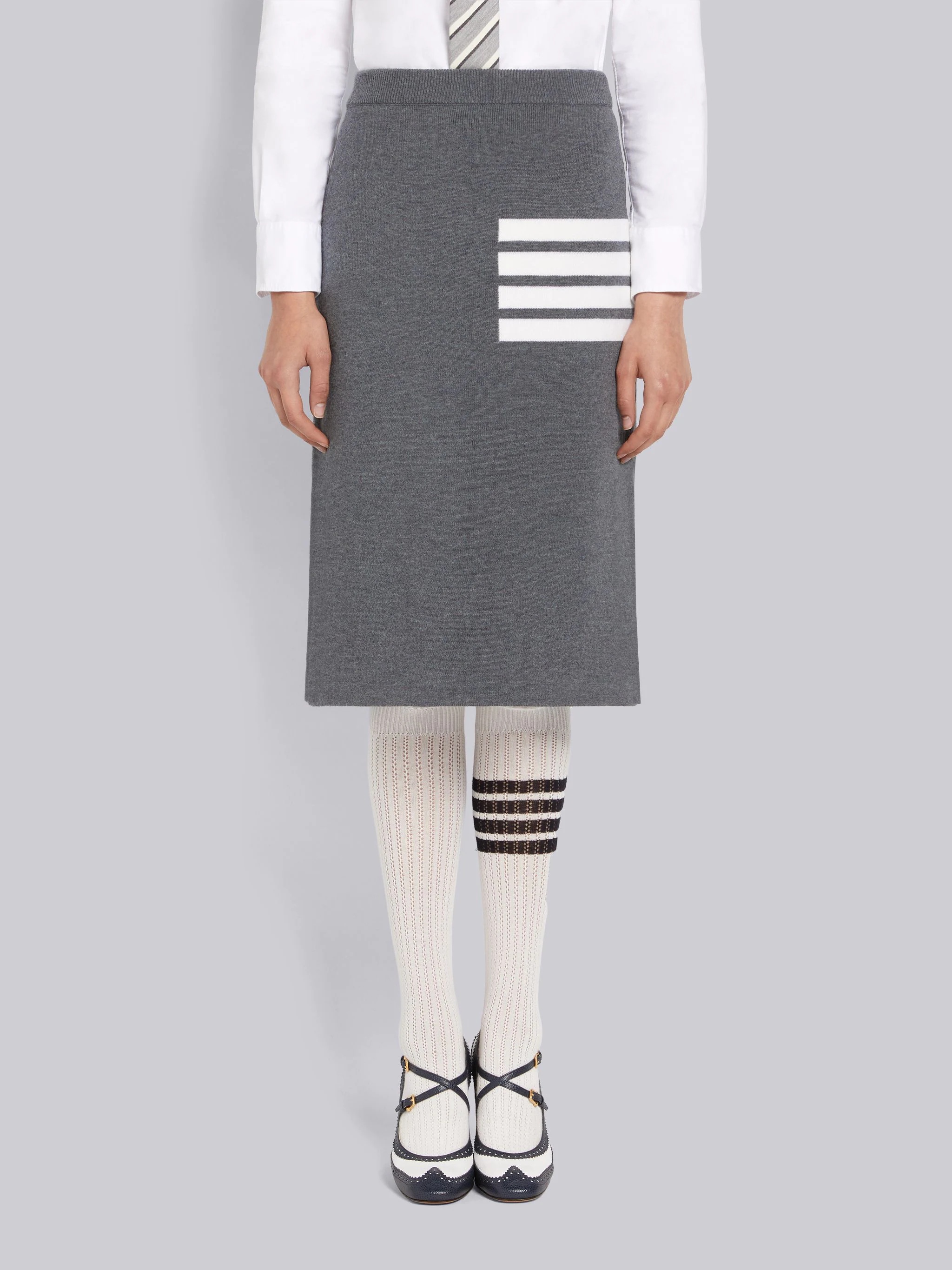 Medium Grey Double Face Fine Merino Wool 4-Bar A-line Knee Length Skirt - 1