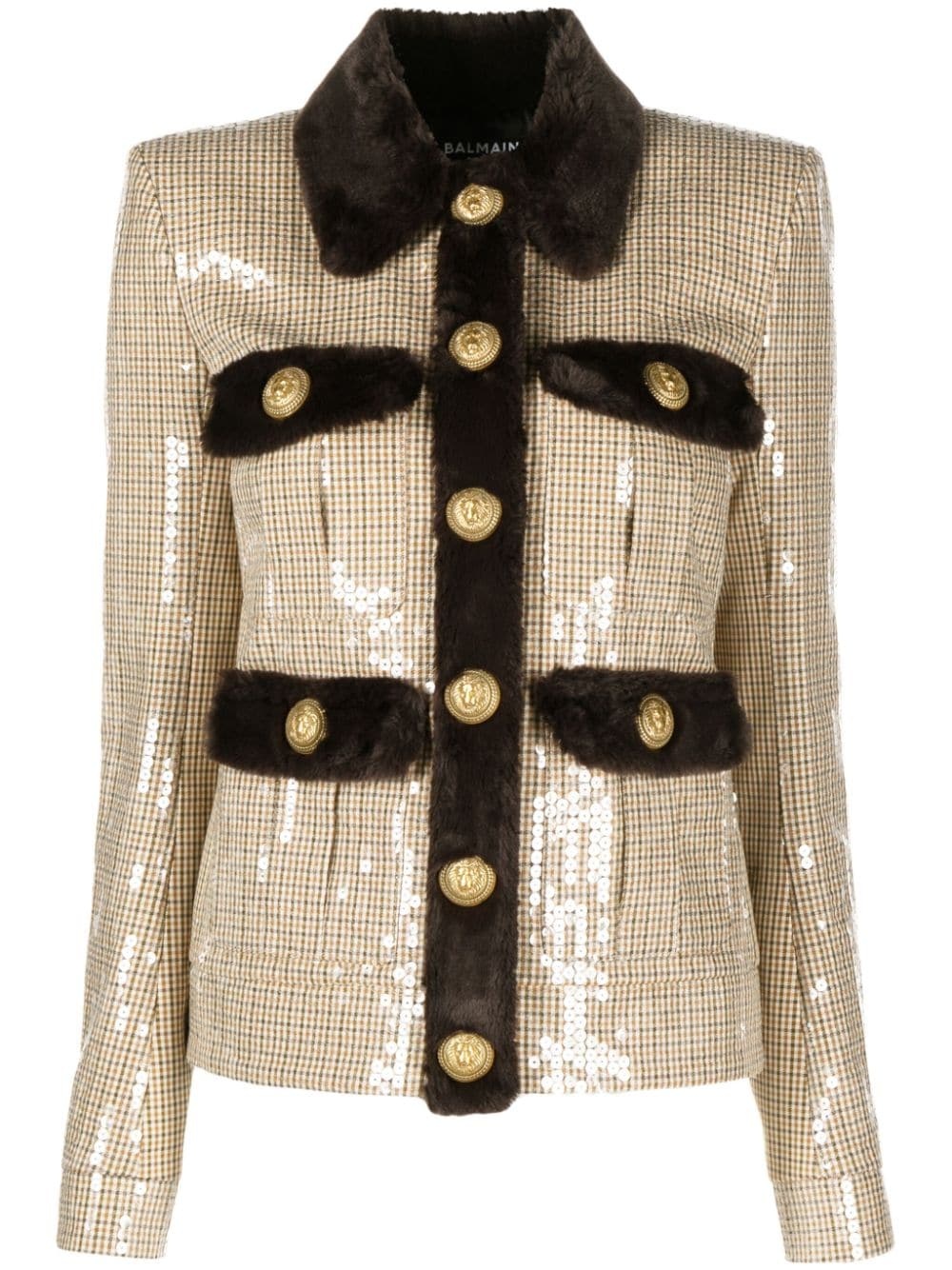 faux fur-trim sequinned jacket - 1