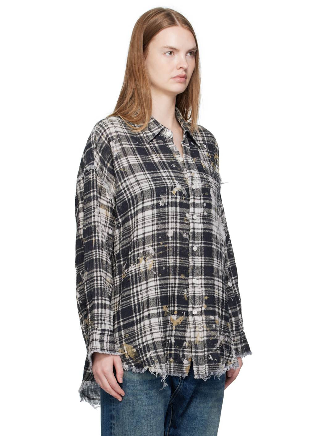 Black & Off-White Shredded Seam Drop Neck Shirt - 2