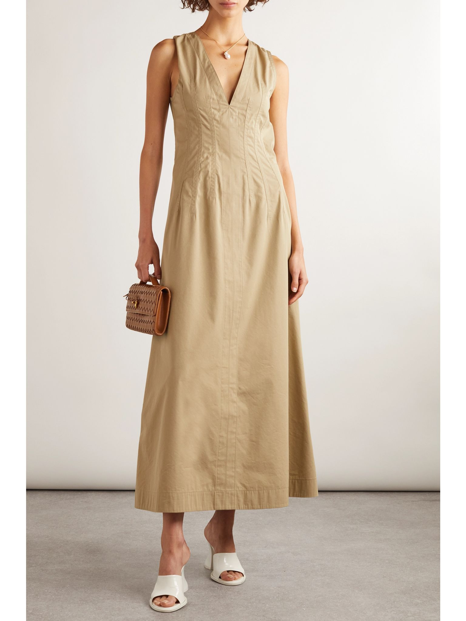 Tie-detailed cotton-blend maxi dress Beige - 2