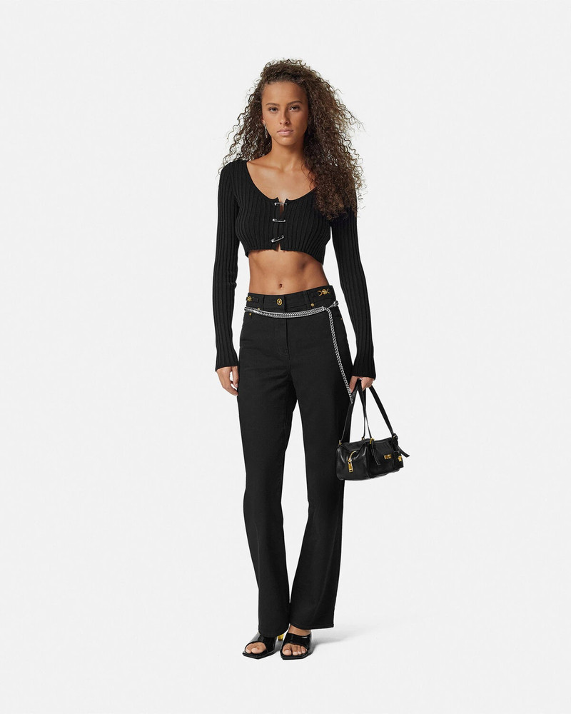 VERSACE Safety Pin Scoop Crop Ribbed-Knit Cardigan outlook