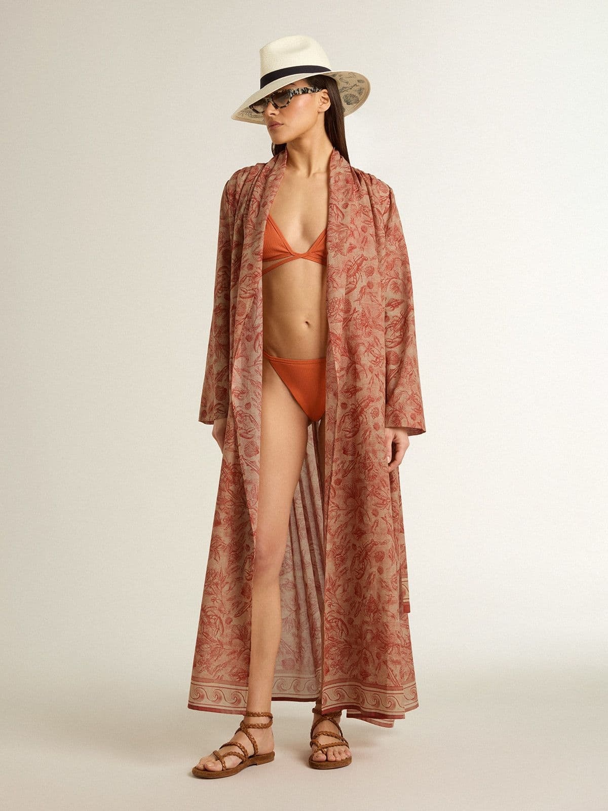 Women's kaftan in cotton voile with all-over brick-red marine print - 3