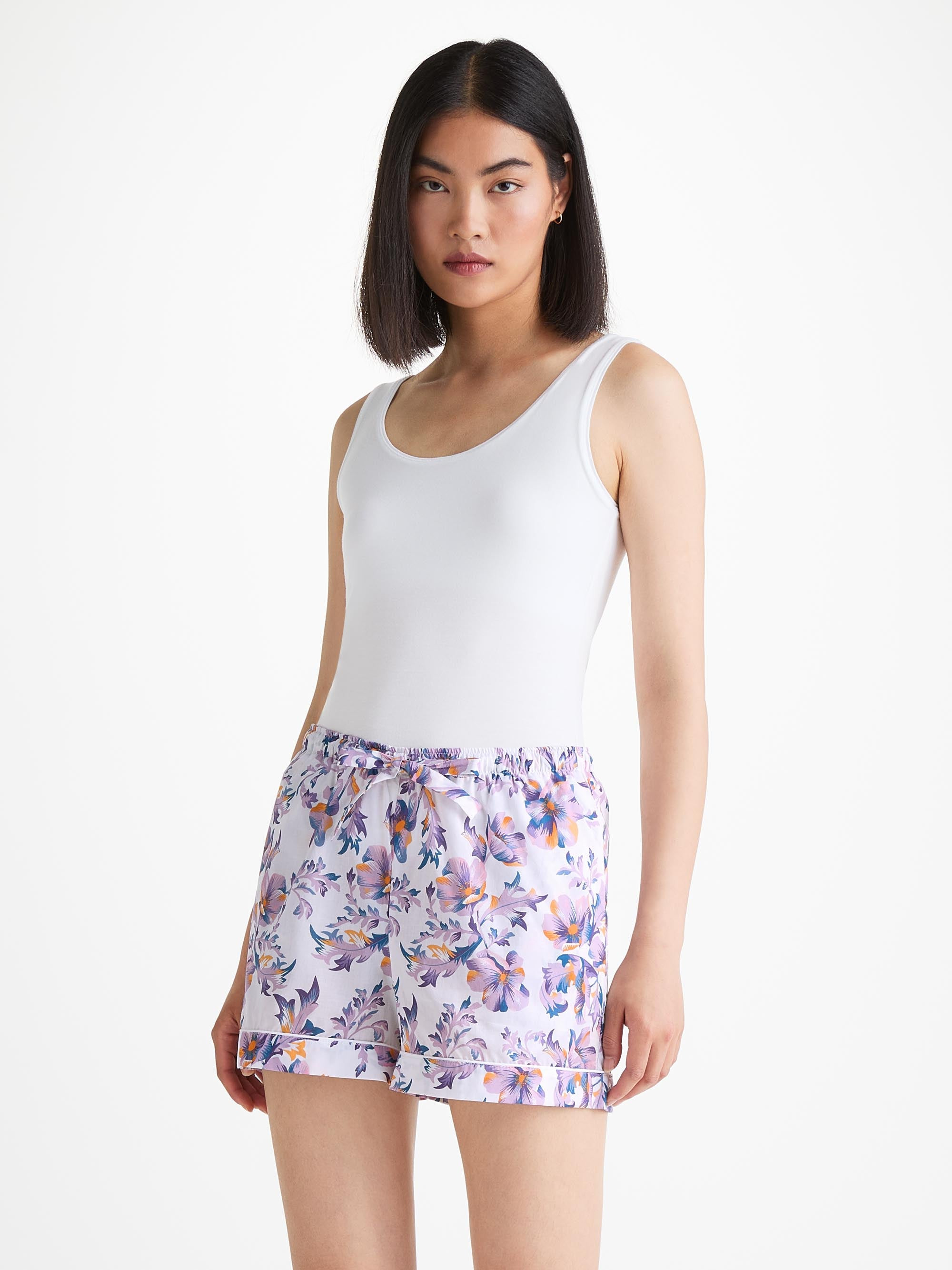 Women's Lounge Shorts Cotton Batiste White Wildflowers Print - 3