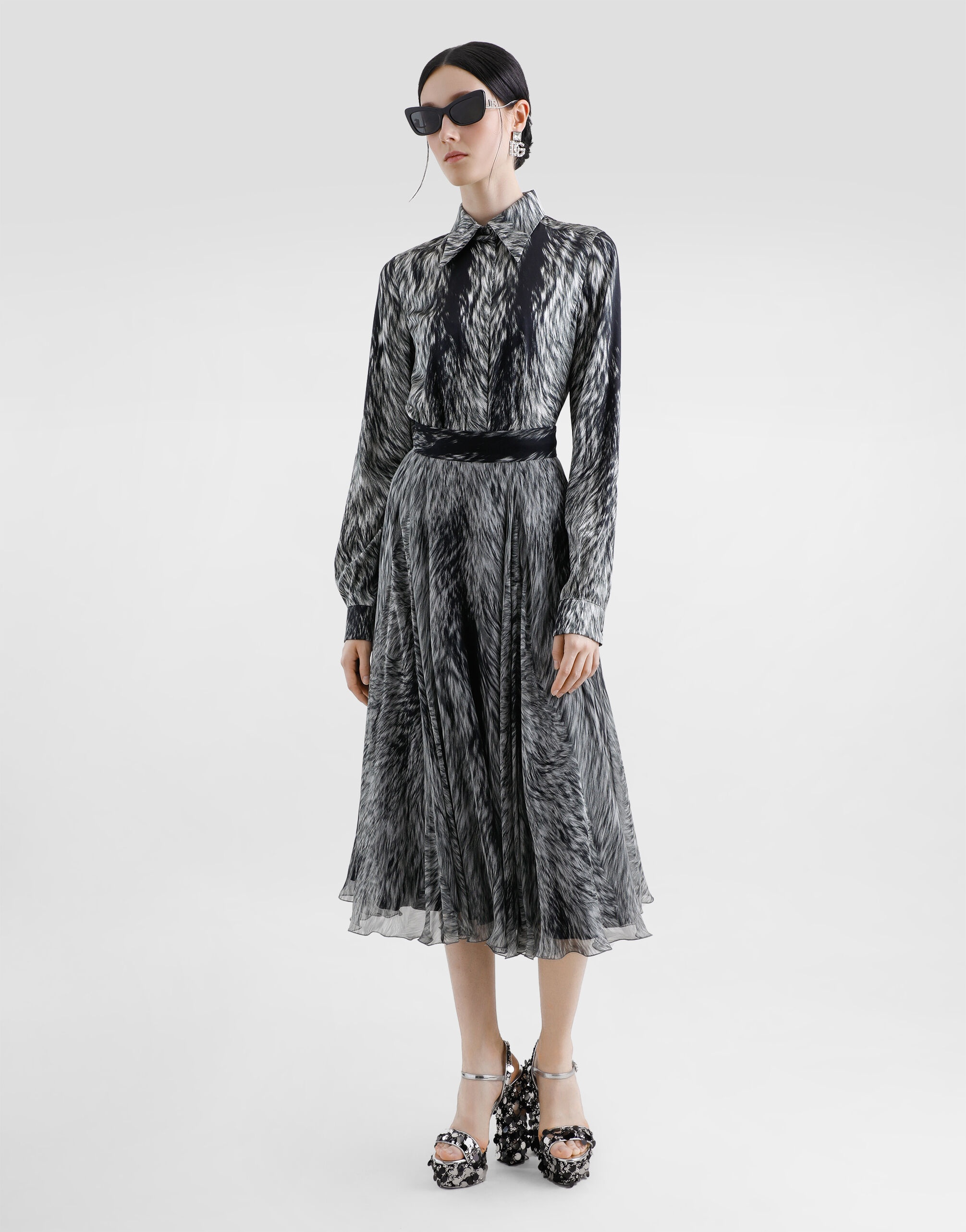 Chiffon calf-length circle skirt with fur print - 2