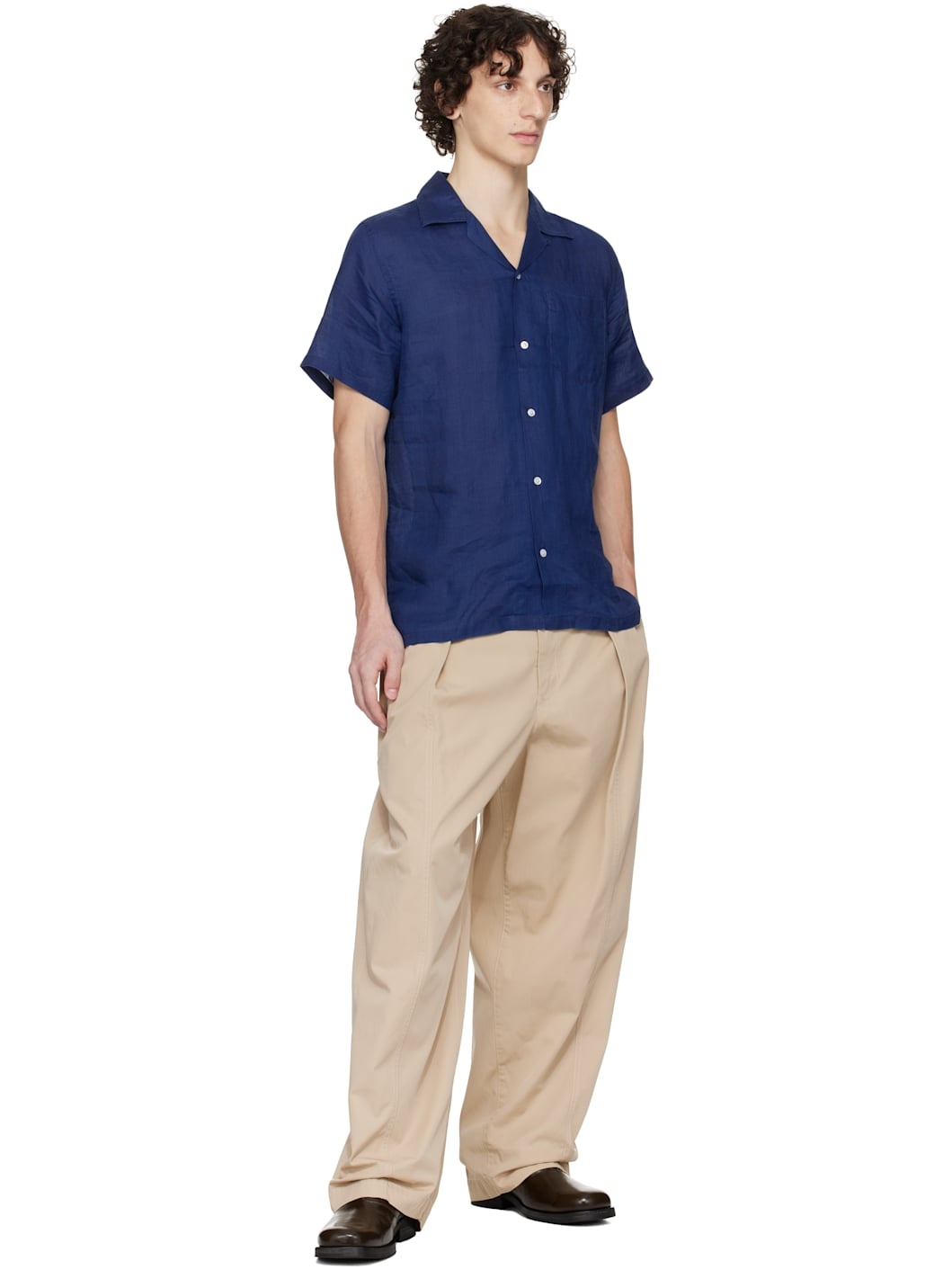 Navy Ramie Camp Collar T-shirt - 4